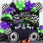 GLANFOIO 130Pcs Monster Truck Birthday Decorations – Balloon Garland Arch Kit with Backdrop