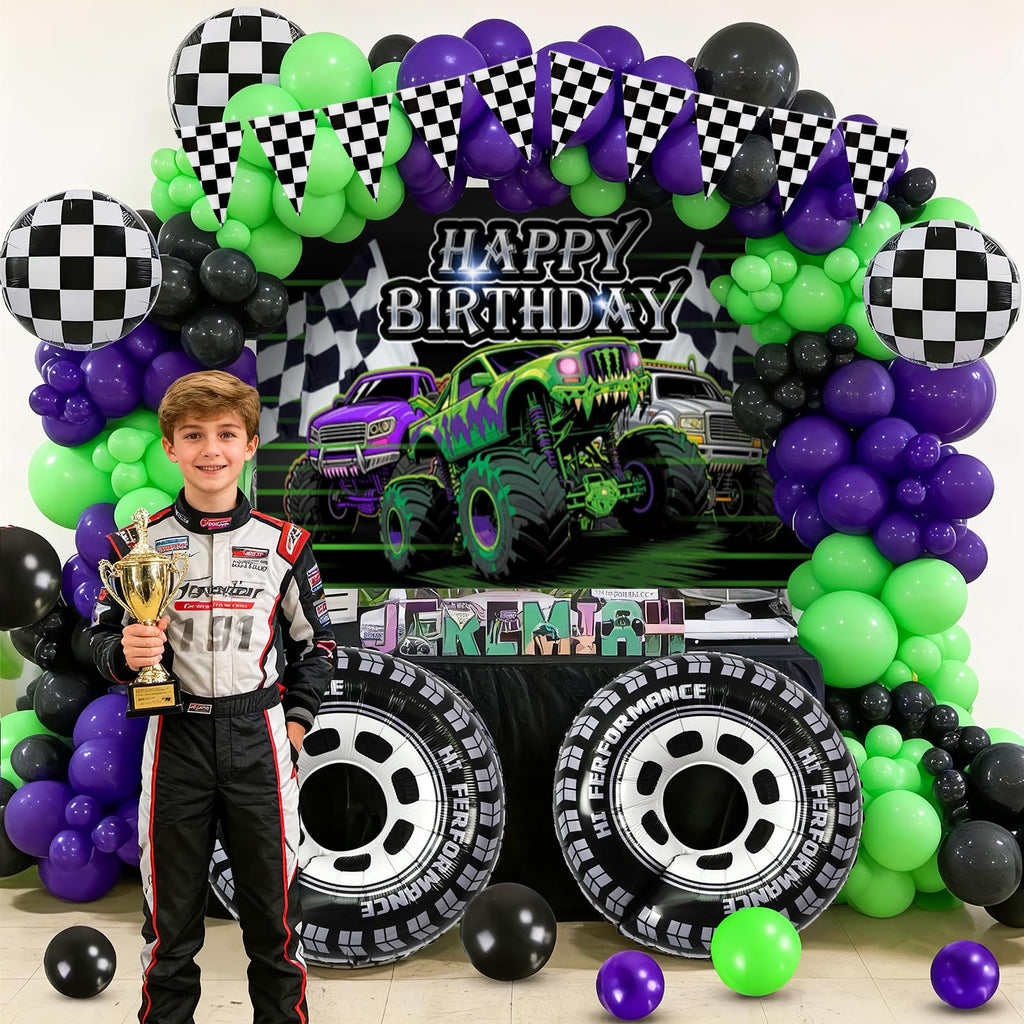 GLANFOIO 130Pcs Monster Truck Birthday Decorations – Balloon Garland Arch Kit with Backdrop