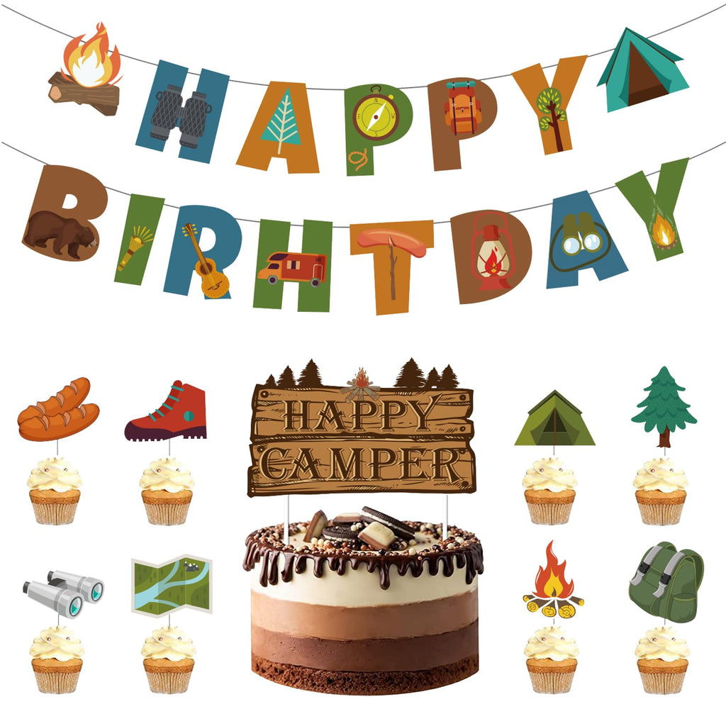 GLASNES Camping Birthday Party Decoration Kit – Banner, Cupcake Toppers & Happy Camper Theme
