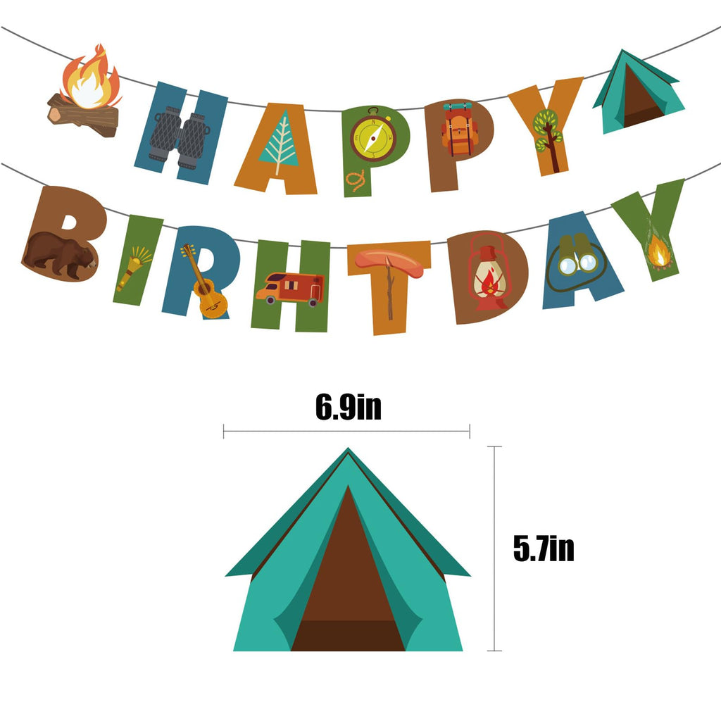 GLASNES Camping Birthday Party Decoration Kit – Banner, Cupcake Toppers & Happy Camper Theme