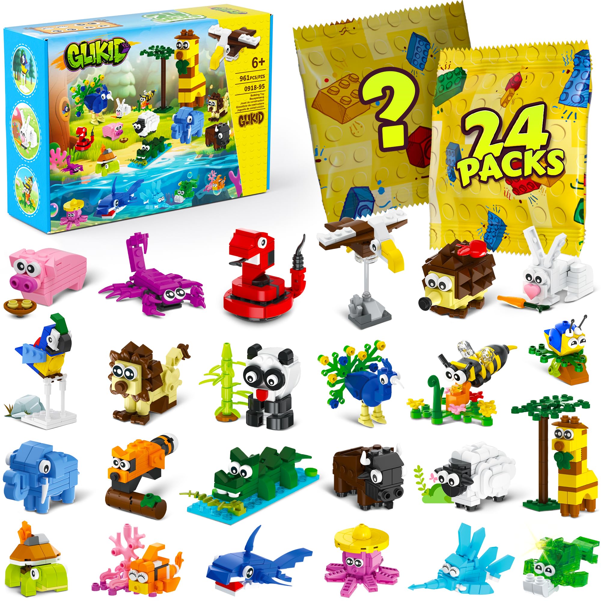 Glikid 24 Packs Valentines Party Favors – 961 PCS Mini Animal Building Blocks for Classrooms & Goodie Bags