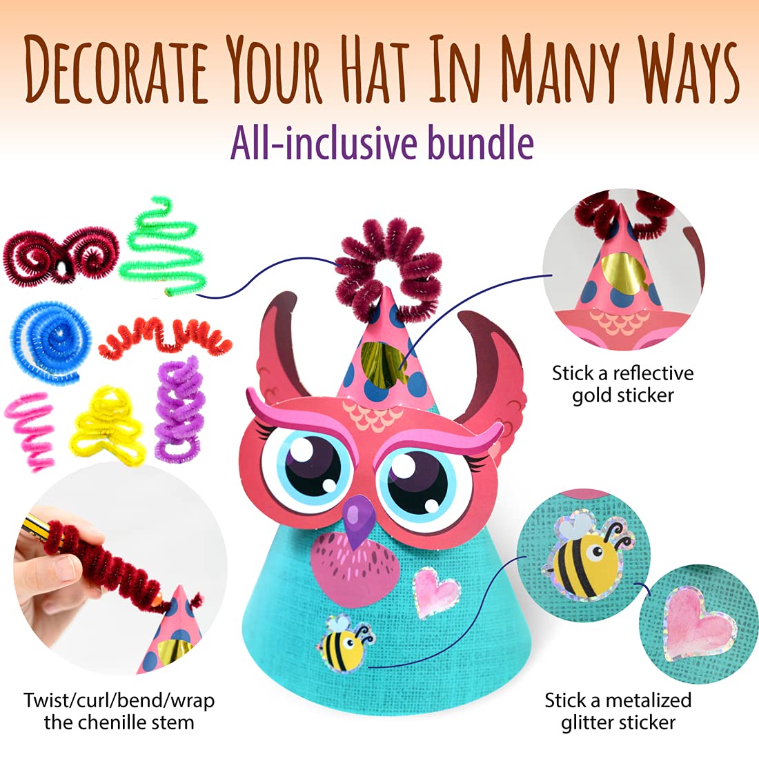 Glittery Garden Woodland Themed Party Hats Making Kit with Chenille Stems & Stickers | 16 Hats, 113 Stickers