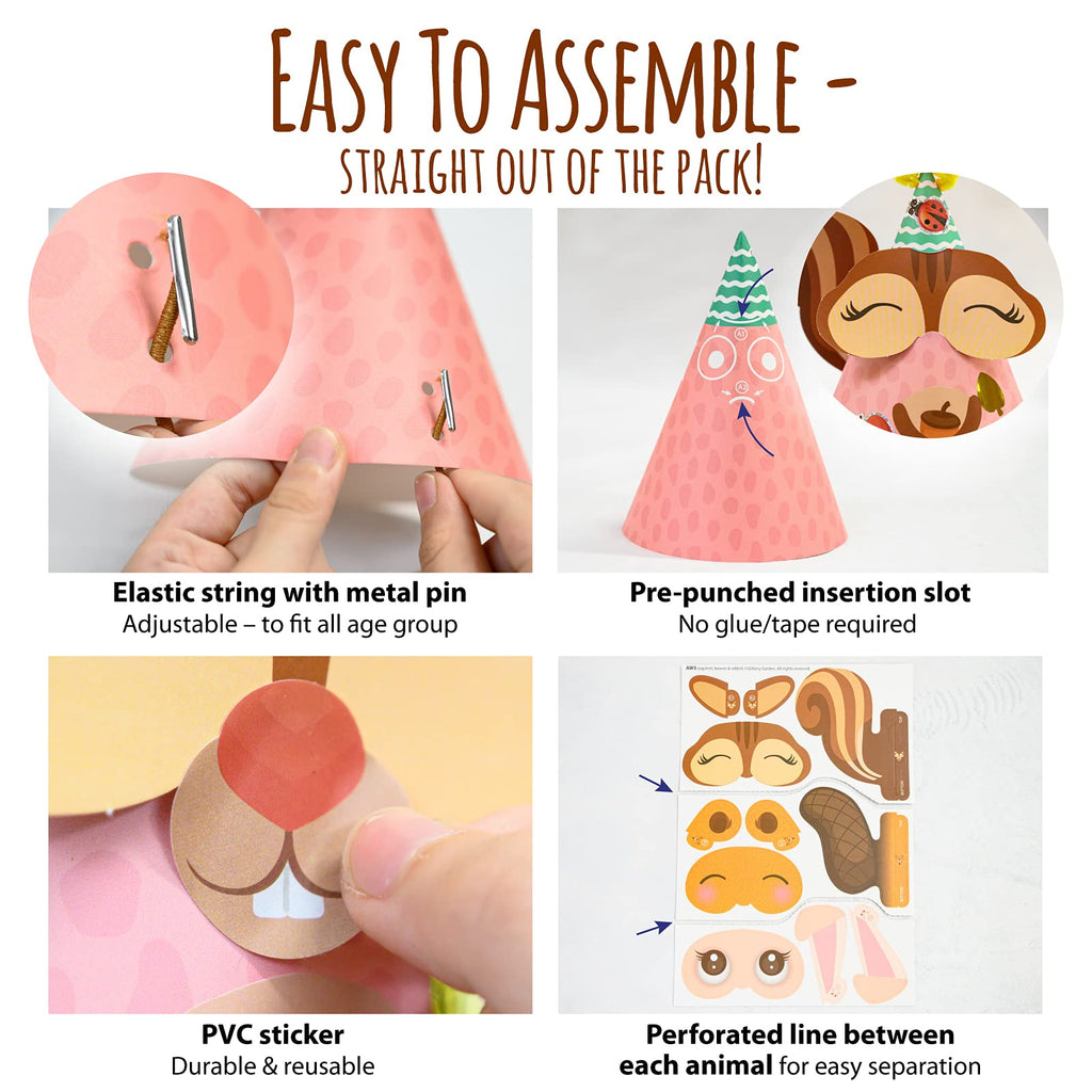 Glittery Garden Woodland Themed Party Hats Making Kit with Chenille Stems & Stickers | 16 Hats, 113 Stickers