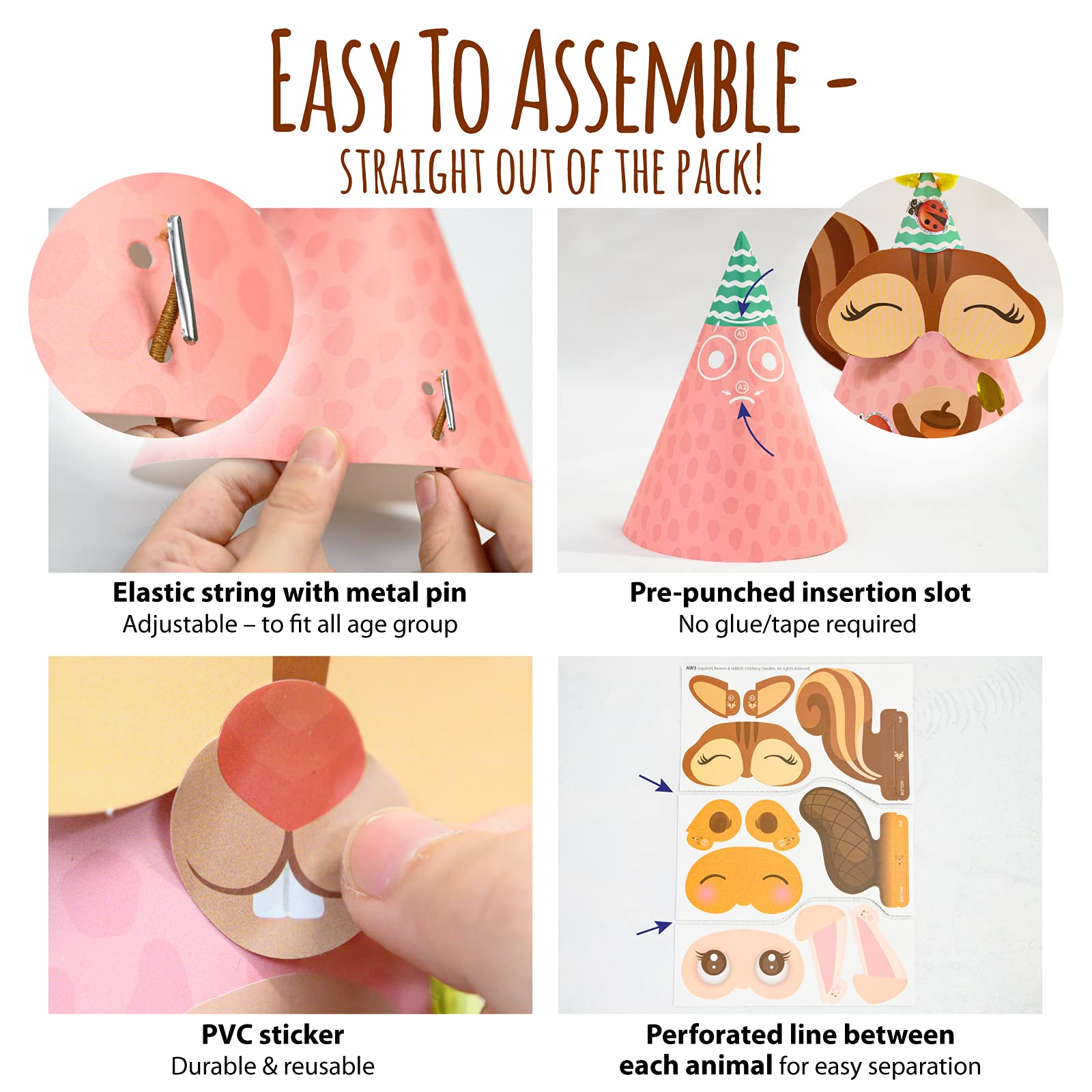 Glittery Garden Woodland Themed Party Hats Making Kit with Chenille Stems & Stickers | 16 Hats, 113 Stickers