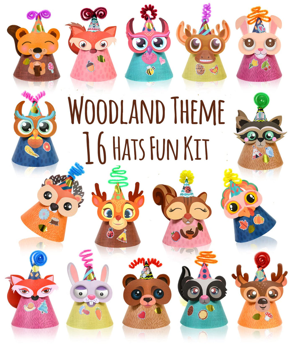 Glittery Garden Woodland Themed Party Hats Making Kit with Chenille Stems & Stickers | 16 Hats, 113 Stickers