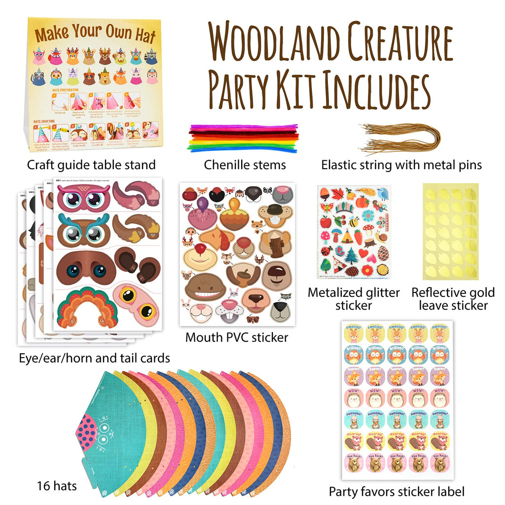 Glittery Garden Woodland Themed Party Hats Making Kit with Chenille Stems & Stickers | 16 Hats, 113 Stickers