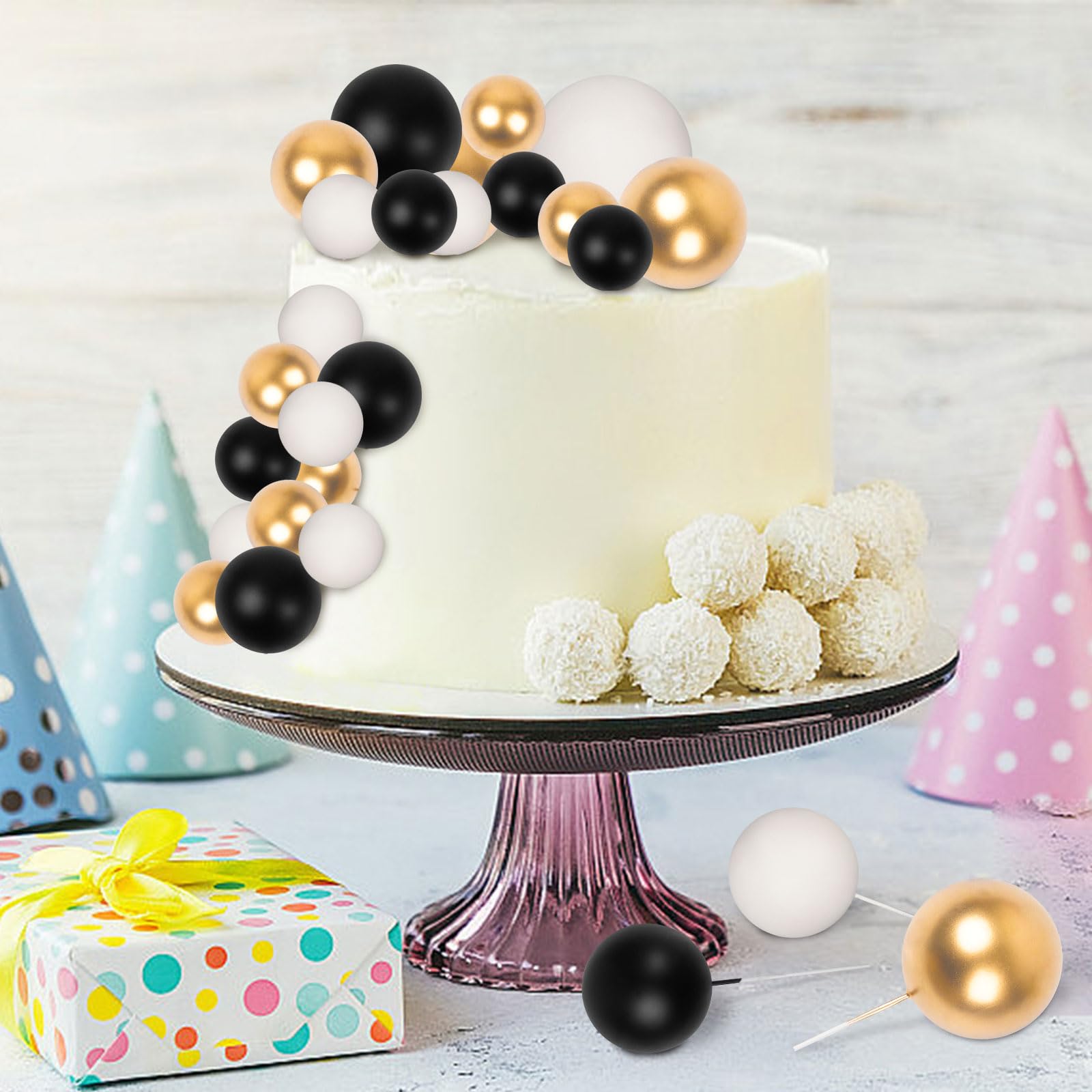 Goensjt 30 Pcs Balls Cake Toppers – Black Gold White for Birthday, Wedding, Baby Shower