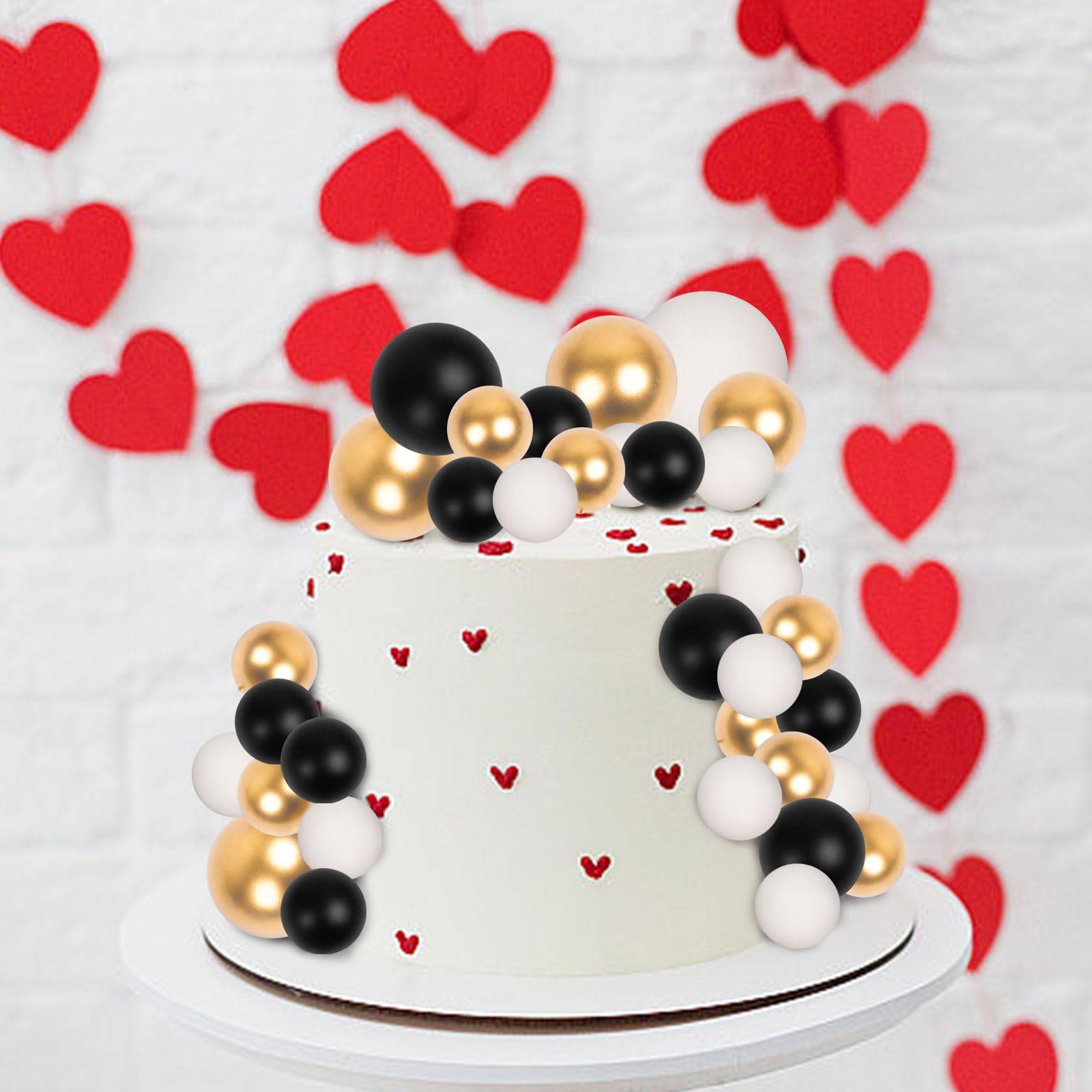 Goensjt 30 Pcs Balls Cake Toppers – Black Gold White for Birthday, Wedding, Baby Shower