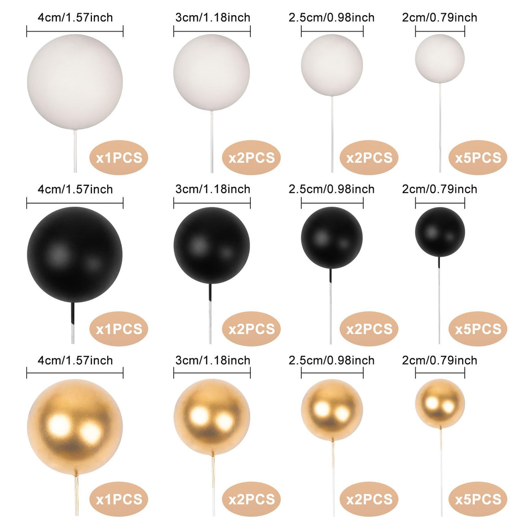 Goensjt 30 Pcs Balls Cake Toppers – Black Gold White for Birthday, Wedding, Baby Shower