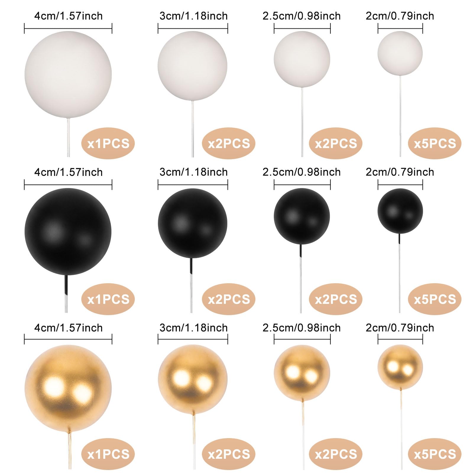 Goensjt 30 Pcs Balls Cake Toppers – Black Gold White for Birthday, Wedding, Baby Shower