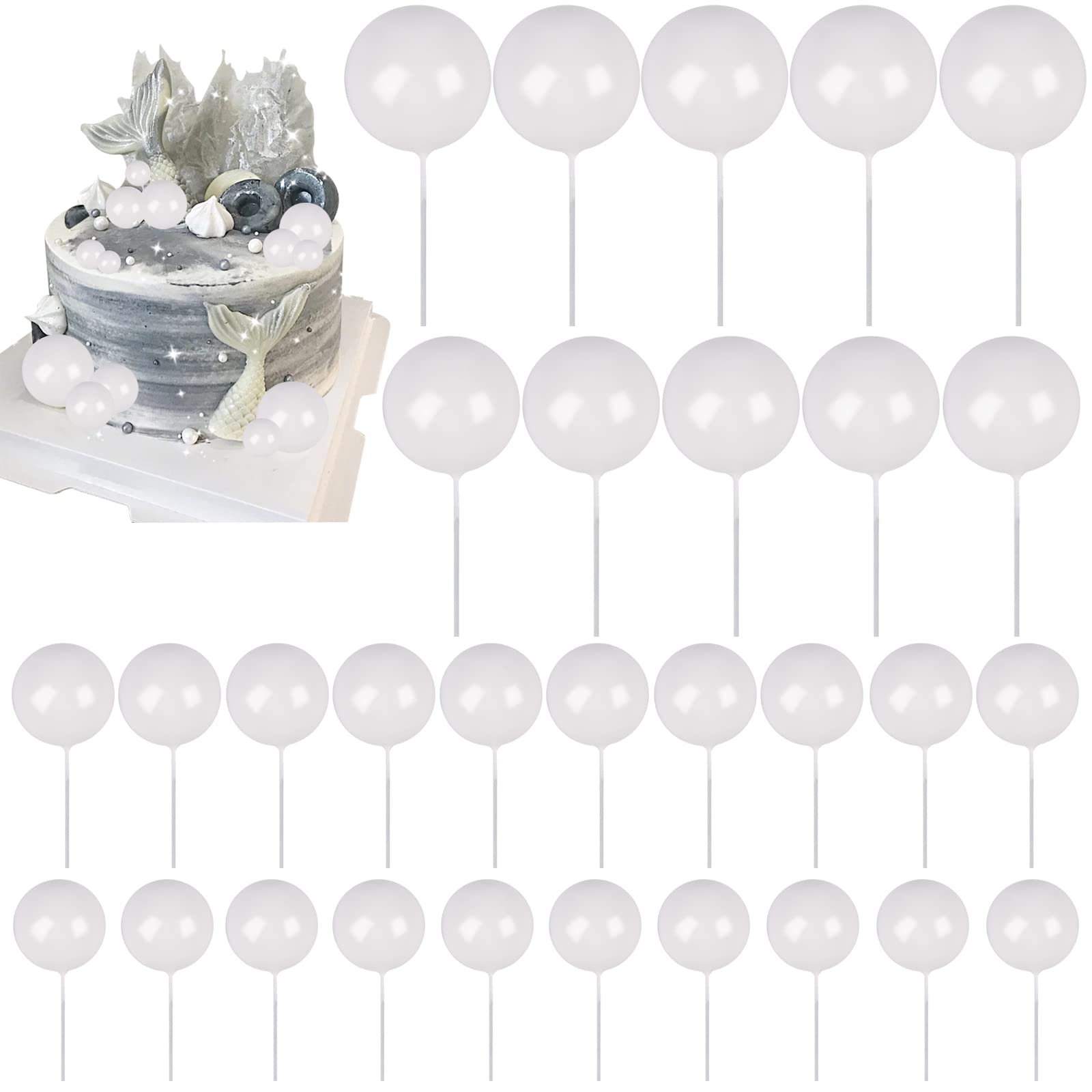 Goensjt 30 Pcs White Ball Cake Topper Set – DIY Cake Inserts for Birthday, Baby Shower, Wedding