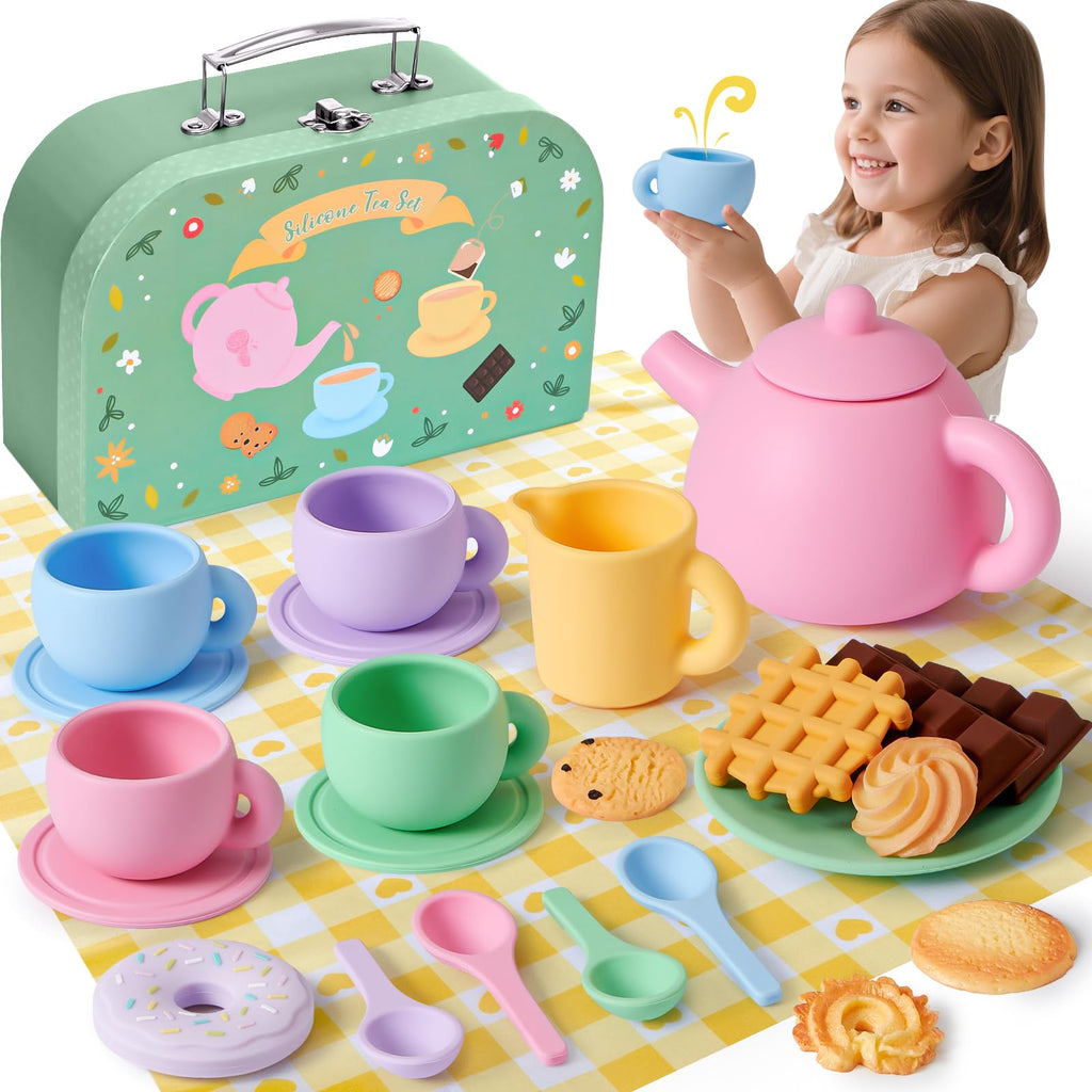 Golray Silicone Tea Set for Toddlers (Ages 3-5) – 22-Piece Washable Party Set with Storage Box