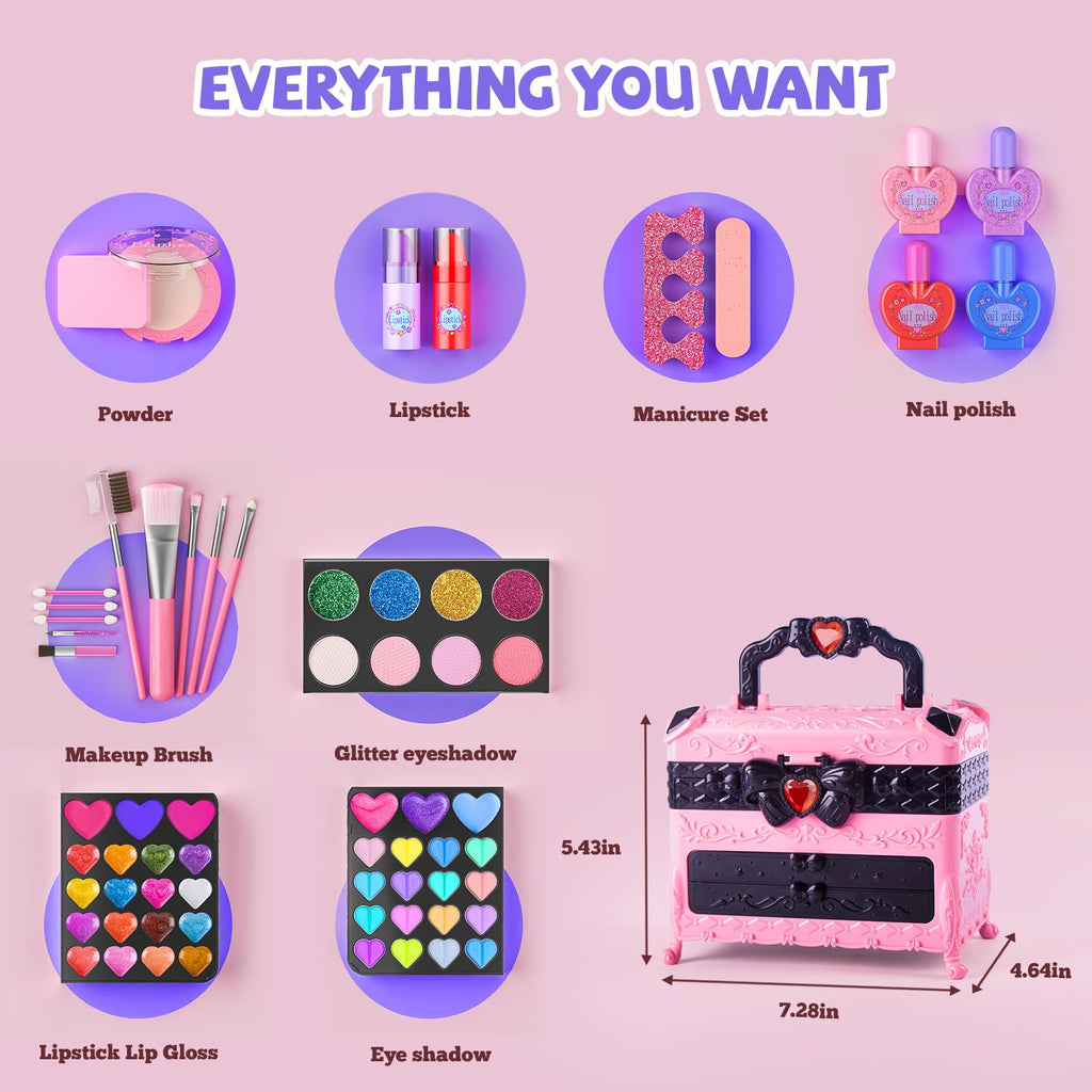 GORISPI 66-Piece Kids Makeup Set with Mirror – Non-Toxic, Washable Real Cosmetic for Girls (Ages 3–12, Pink & Black)