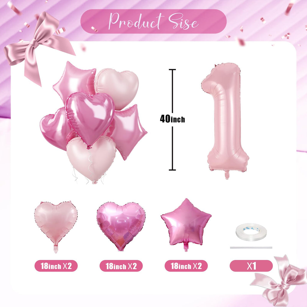 Govpy 40-Inch Pastel Pink Number 1 Balloon Set – Large Foil Balloons with Heart & Star Accents for Girls’ Birthday
