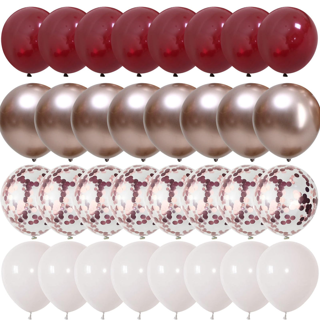 Govpy Burgundy Red Balloons – 35Pcs 12in Maroon, White & Rose Gold Confetti Latex Set