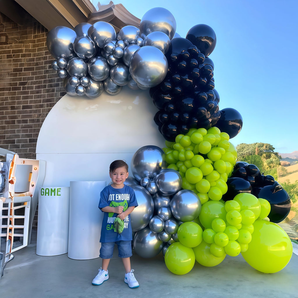 Govpy Green and Black Balloons – 35Pcs Lime Green, Black, Chrome Metallic Silver | Gamer Latex Balloon Set for Parties