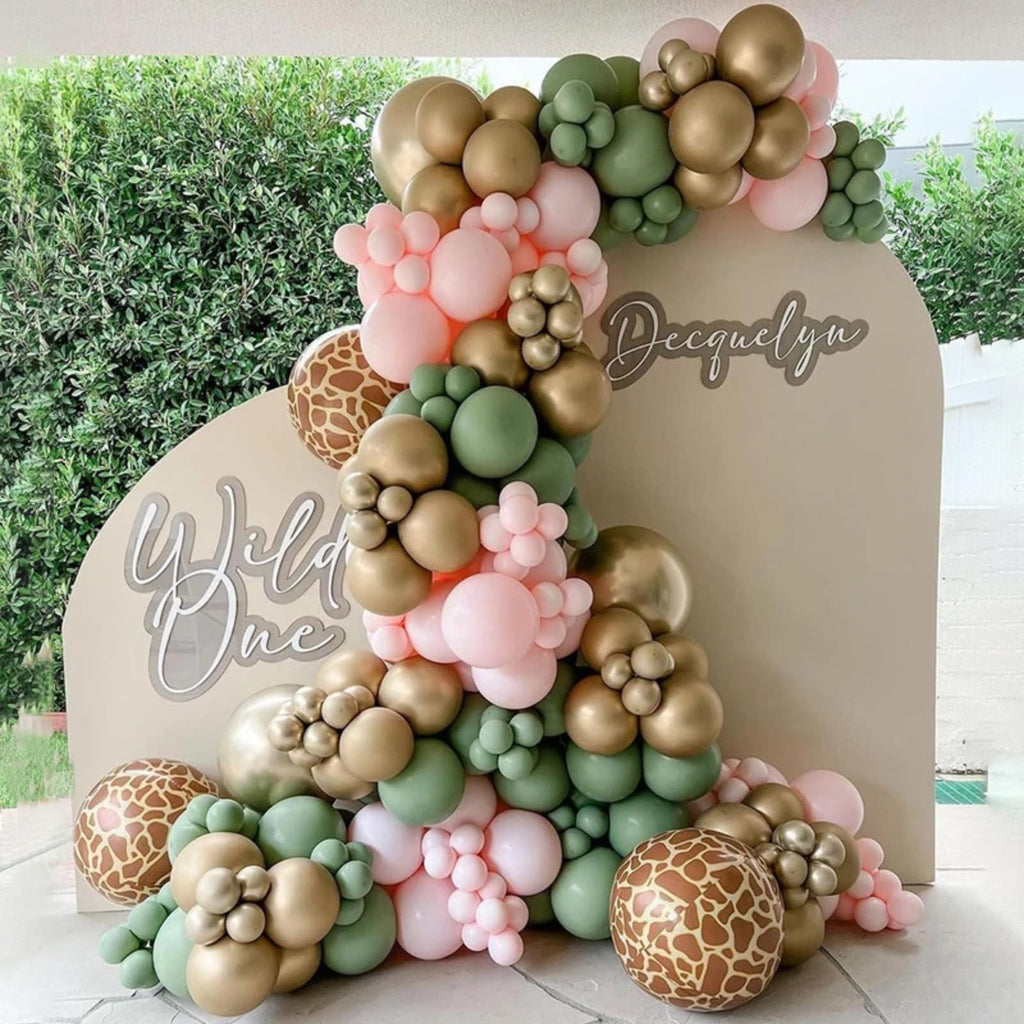 Govpy Pink Jungle Safari Balloons – 60pcs, 12in, Pastel Pink Green Gold with Giraffe Print