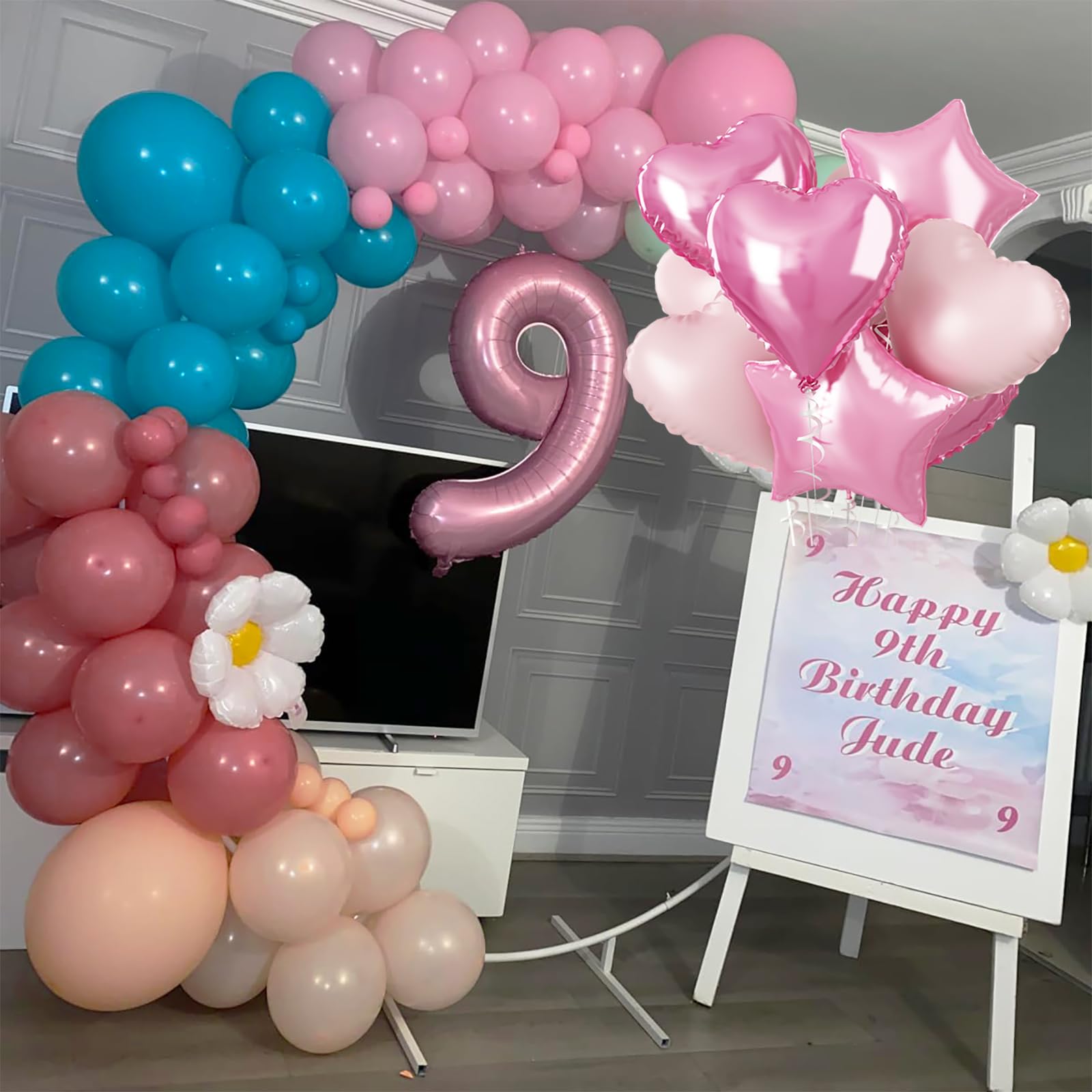 Govpy 40-Inch Pastel Pink Number 1 Balloon Set – Large Foil Balloons with Heart & Star Accents for Girls’ Birthday