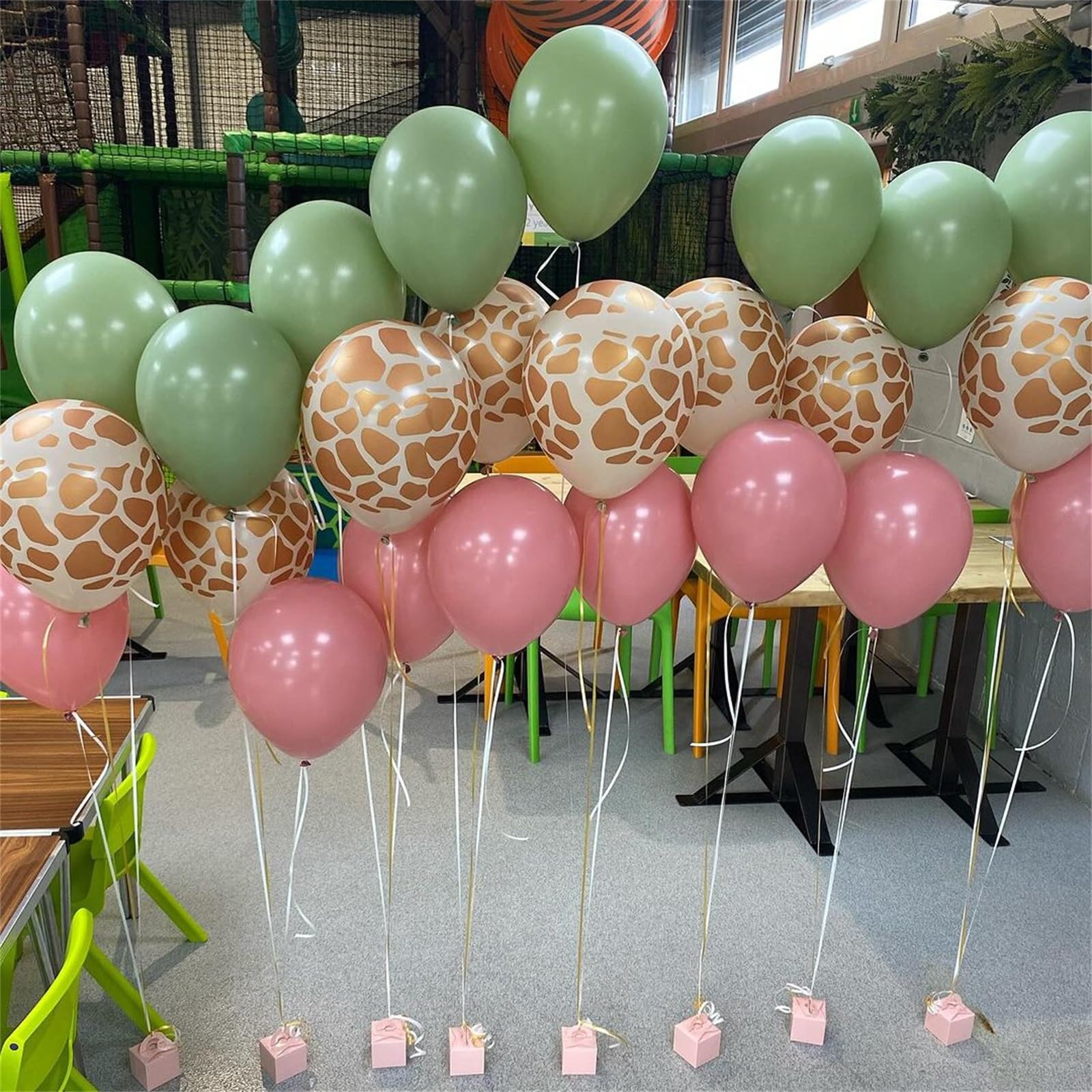 Govpy Pink Jungle Safari Balloons – 60pcs, 12in, Pastel Pink Green Gold with Giraffe Print
