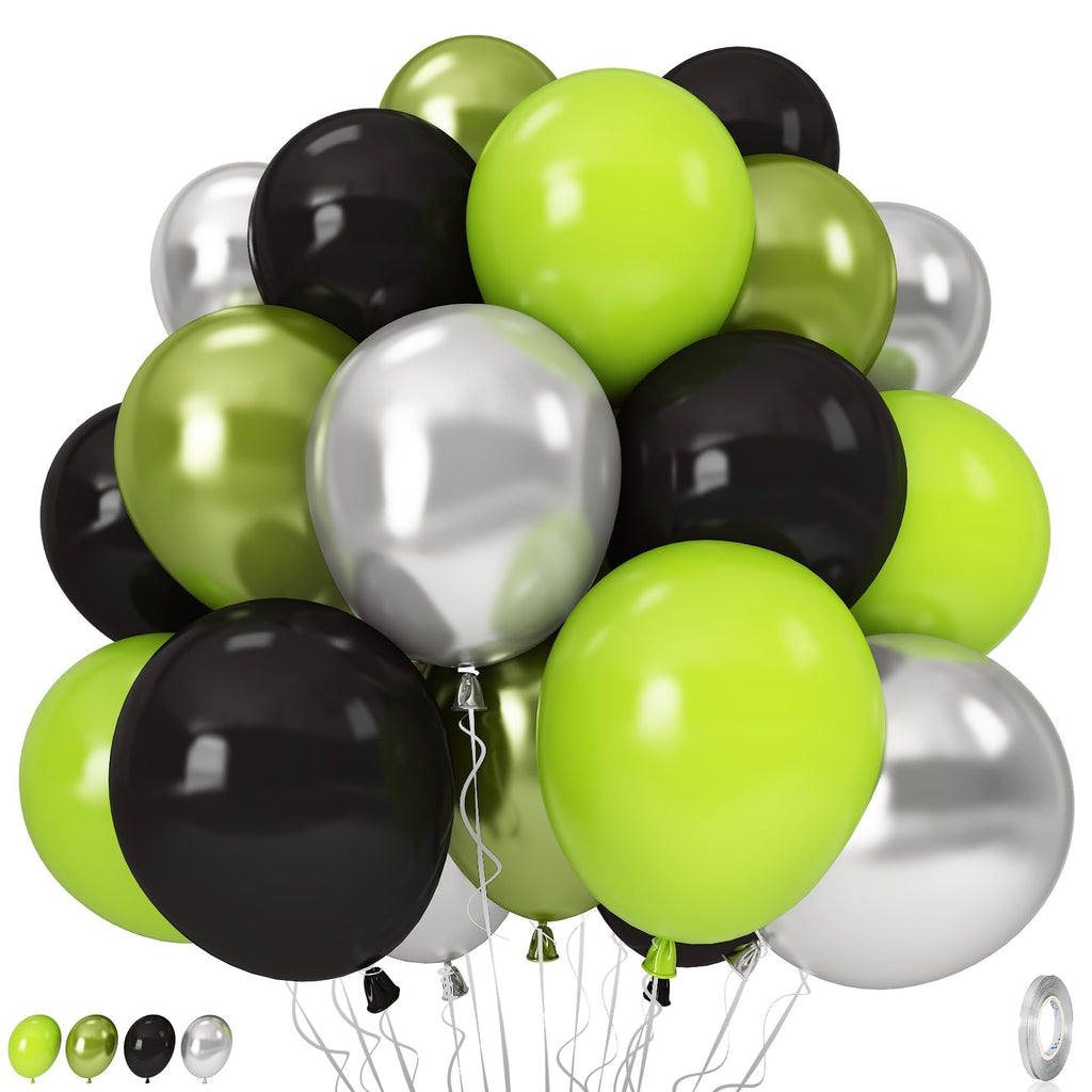 Govpy Green and Black Balloons – 35Pcs Lime Green, Black, Chrome Metallic Silver | Gamer Latex Balloon Set for Parties