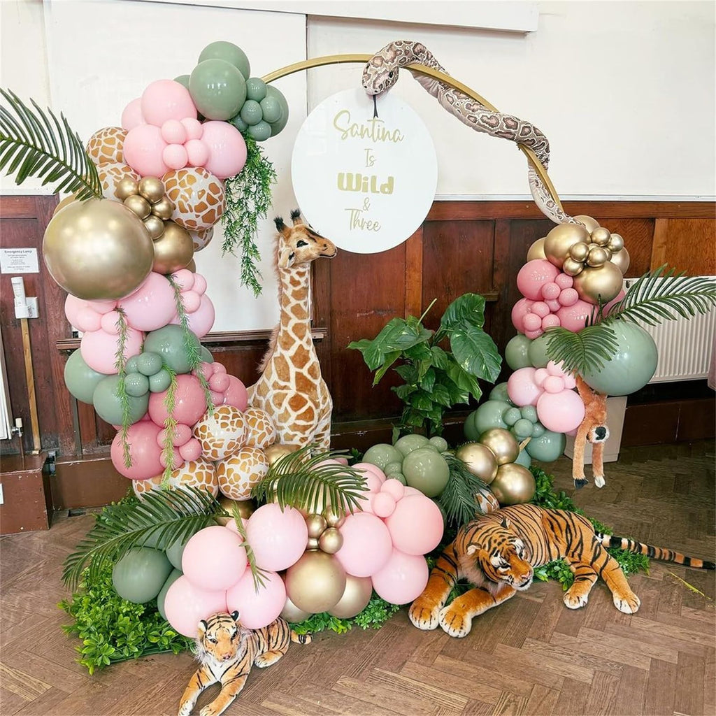 Govpy Pink Jungle Safari Balloons – 60pcs, 12in, Pastel Pink Green Gold with Giraffe Print