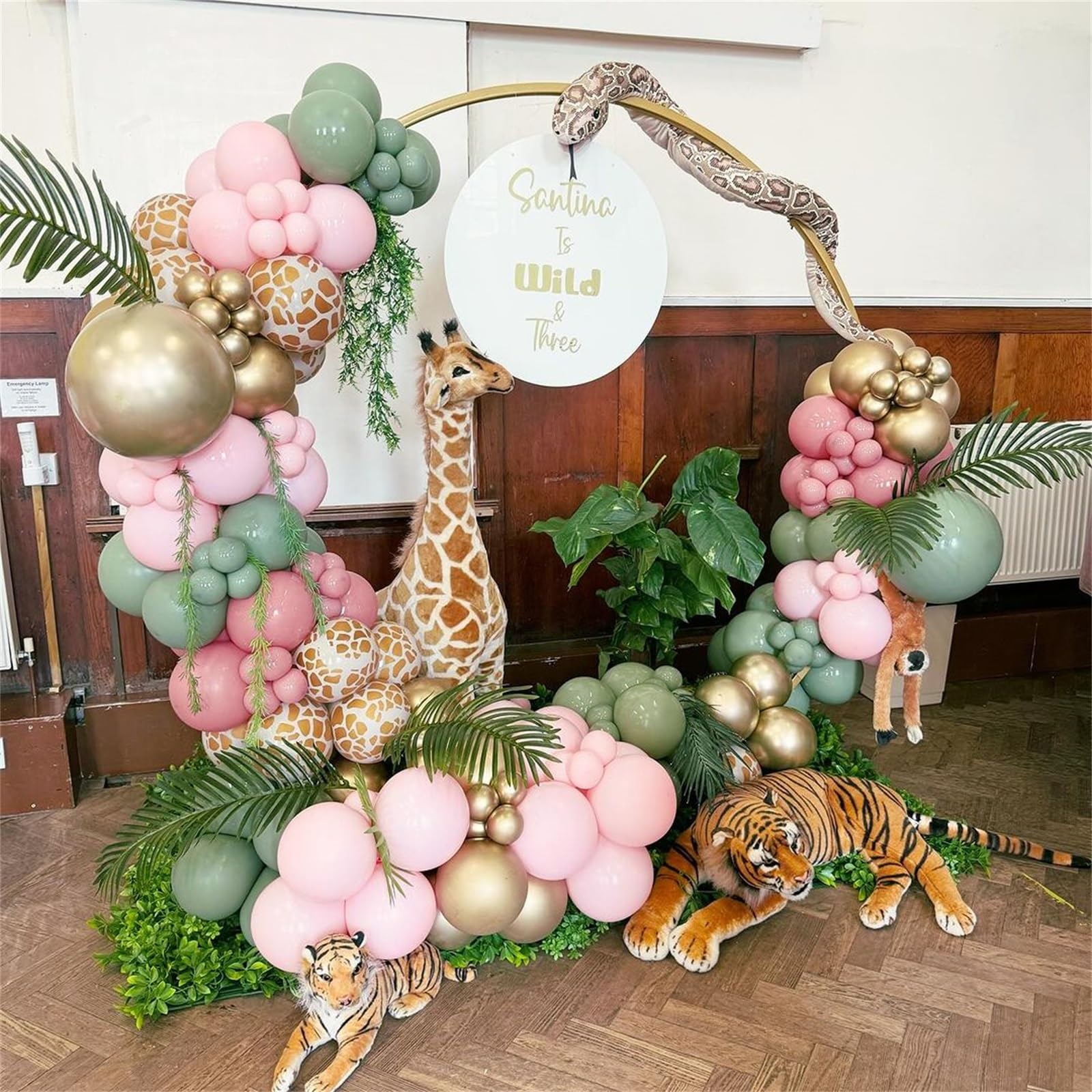 Govpy Pink Jungle Safari Balloons – 60pcs, 12in, Pastel Pink Green Gold with Giraffe Print