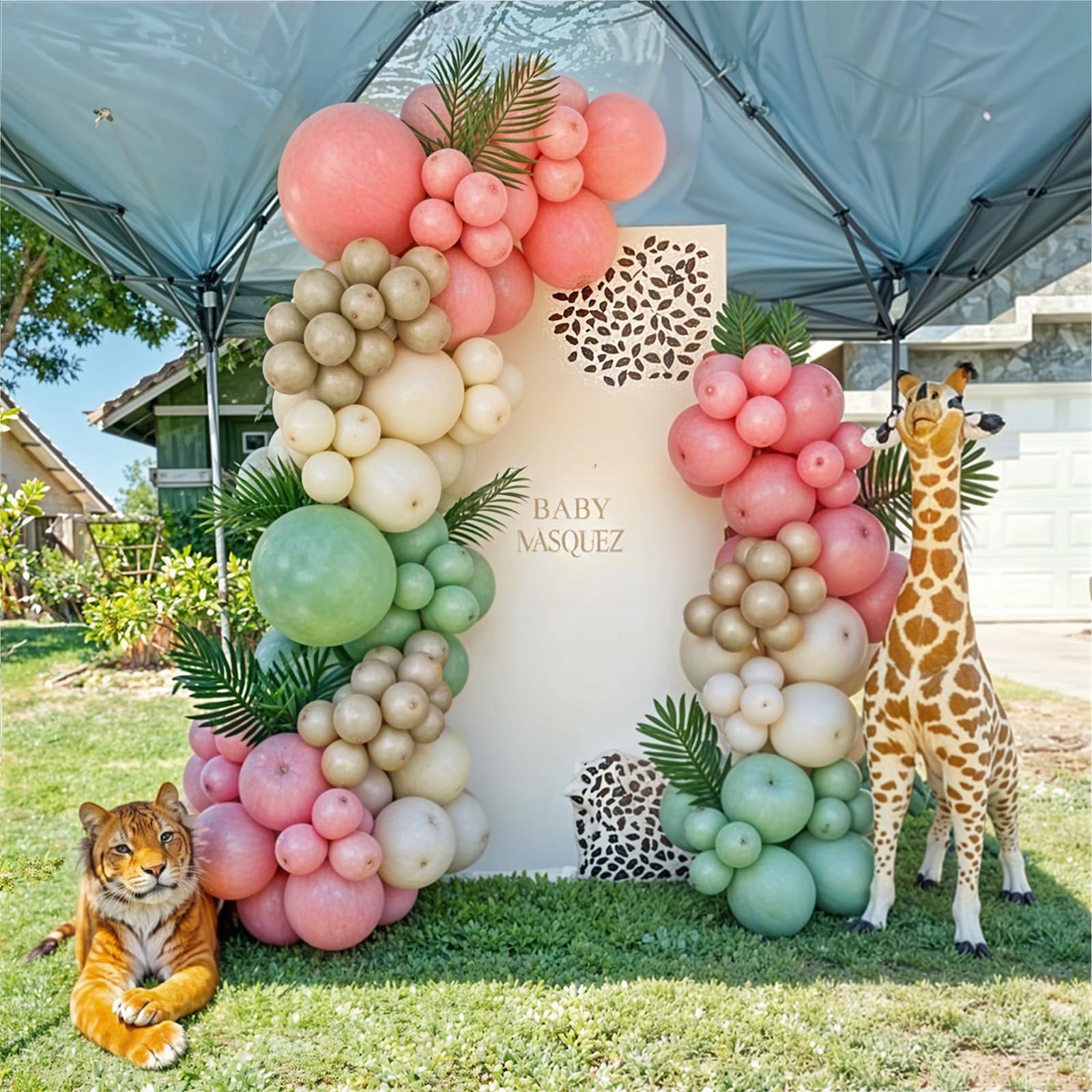 Govpy Pink Jungle Safari Balloons – 60pcs, 12in, Pastel Pink Green Gold with Giraffe Print