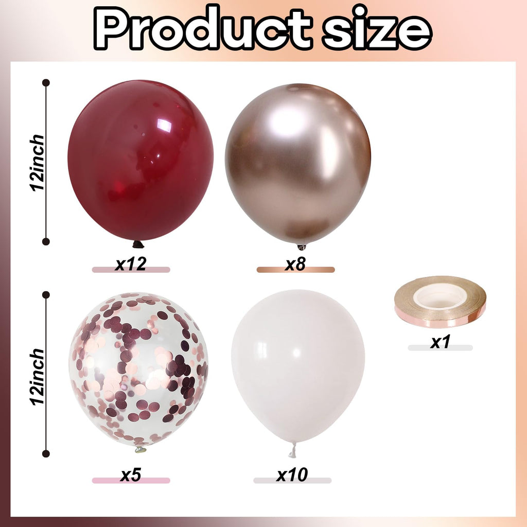 Govpy Burgundy Red Balloons – 35Pcs 12in Maroon, White & Rose Gold Confetti Latex Set