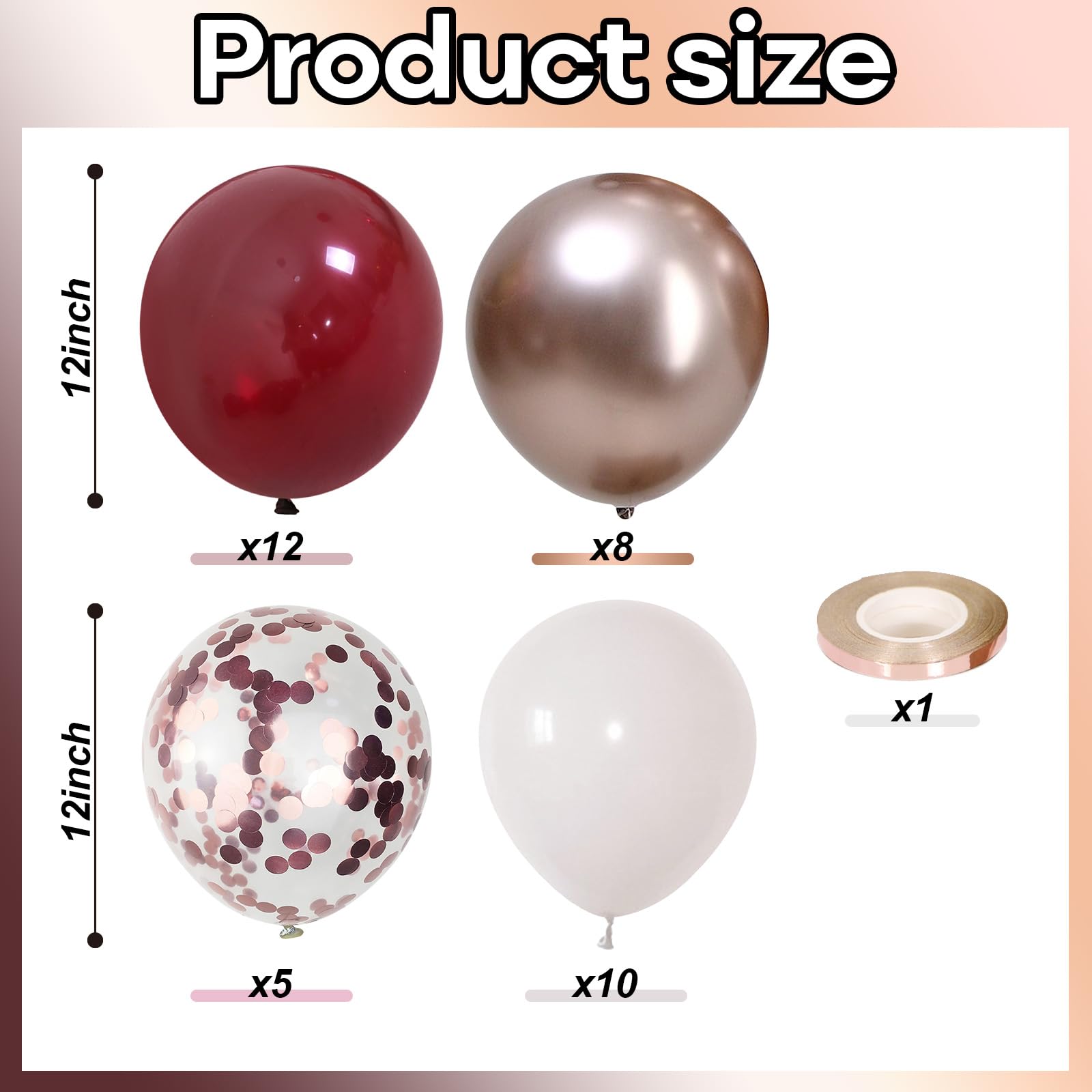 Govpy Burgundy Red Balloons – 35Pcs 12in Maroon, White & Rose Gold Confetti Latex Set