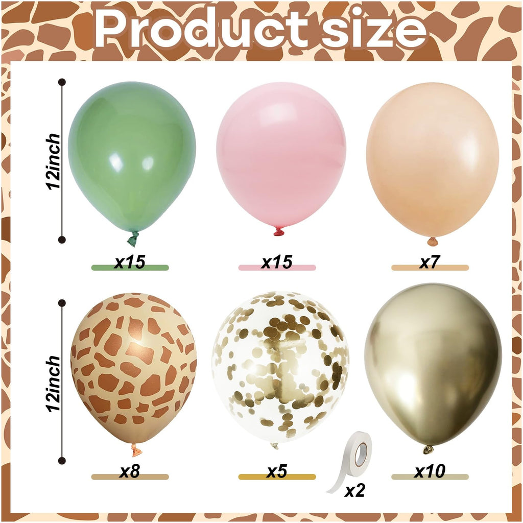 Govpy Pink Jungle Safari Balloons – 60pcs, 12in, Pastel Pink Green Gold with Giraffe Print