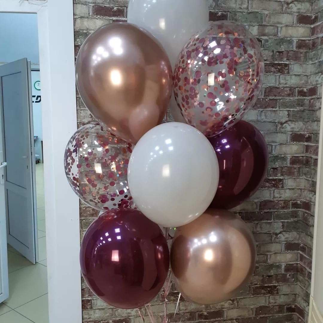 Govpy Burgundy Red Balloons – 35Pcs 12in Maroon, White & Rose Gold Confetti Latex Set