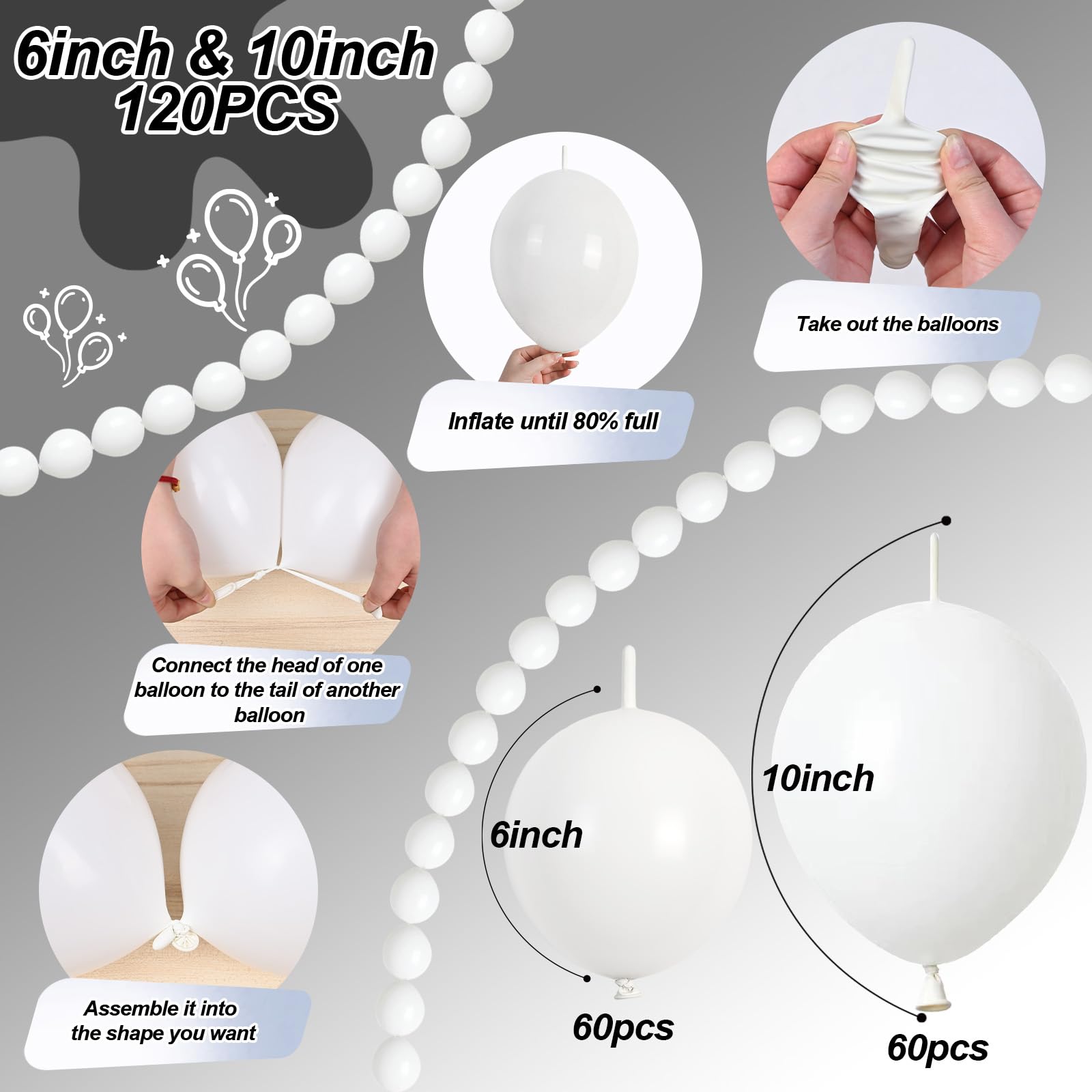 Govpy White Quick Link Balloons – 120Pcs Pearl 6in & 10in for Balloons Walls, Arches, and Decor