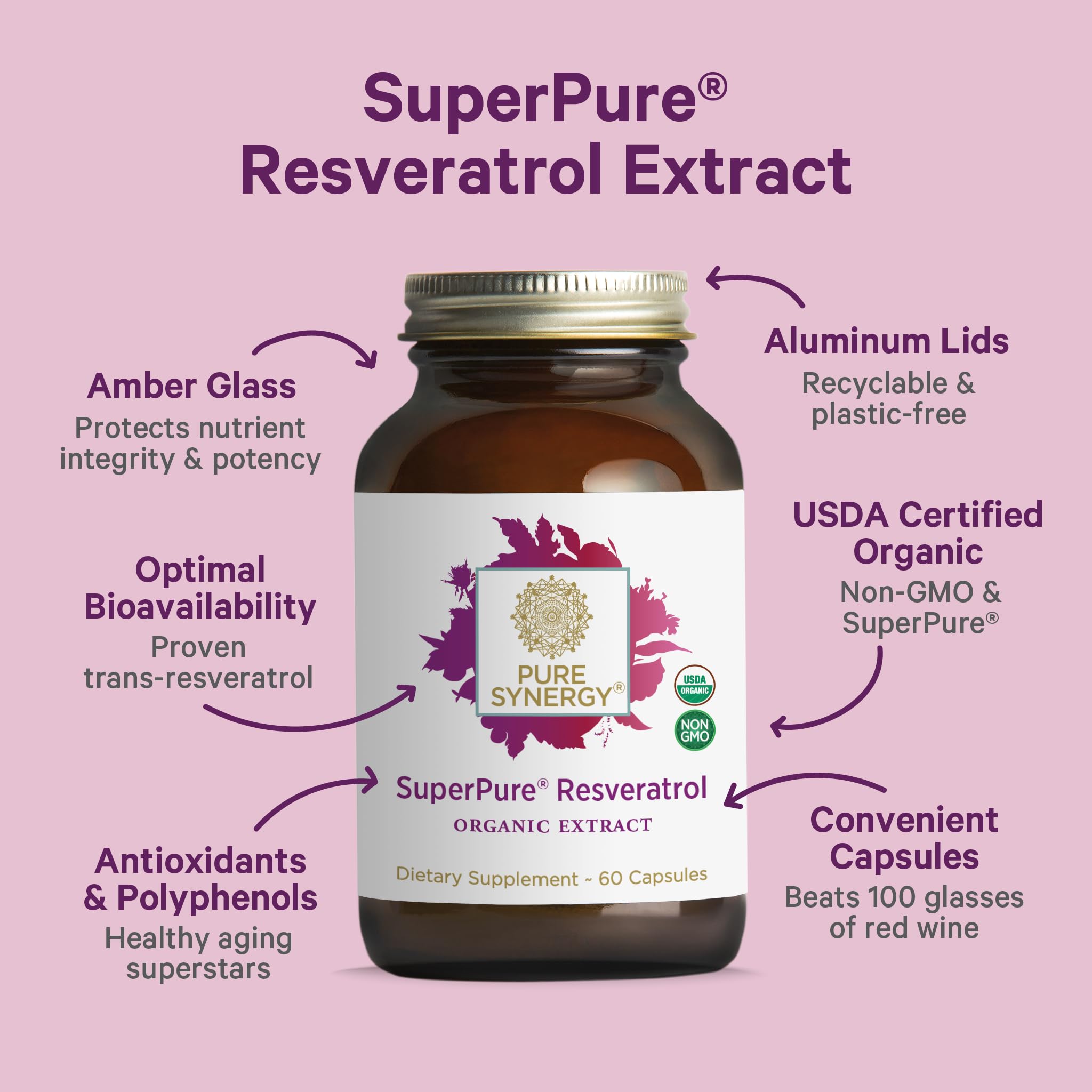 Pure Synergy SuperPure Resveratrol Extrakt | Bio Trans-Resveratrol mit Traubenpolyphenolen - 60 Kapseln