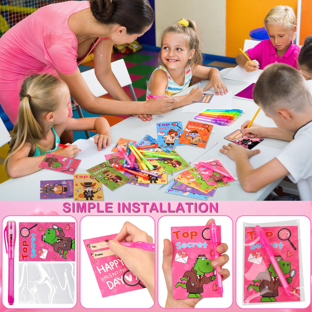Grastfu 24 Pack Invisible Ink Pens with Animal-Valentines Cards – Classroom Valentine Party Favors