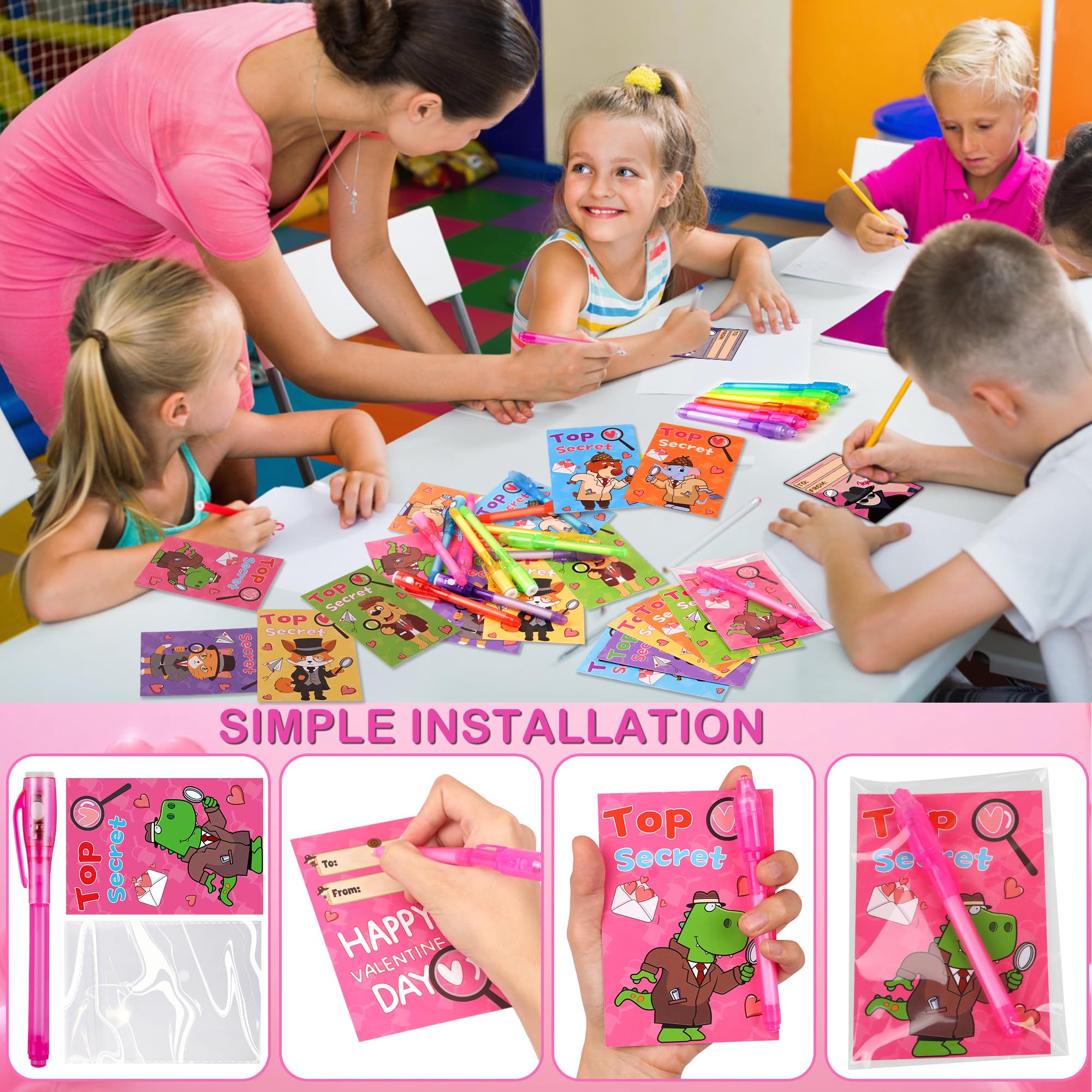 Grastfu 24 Pack Invisible Ink Pens with Animal-Valentines Cards – Classroom Valentine Party Favors