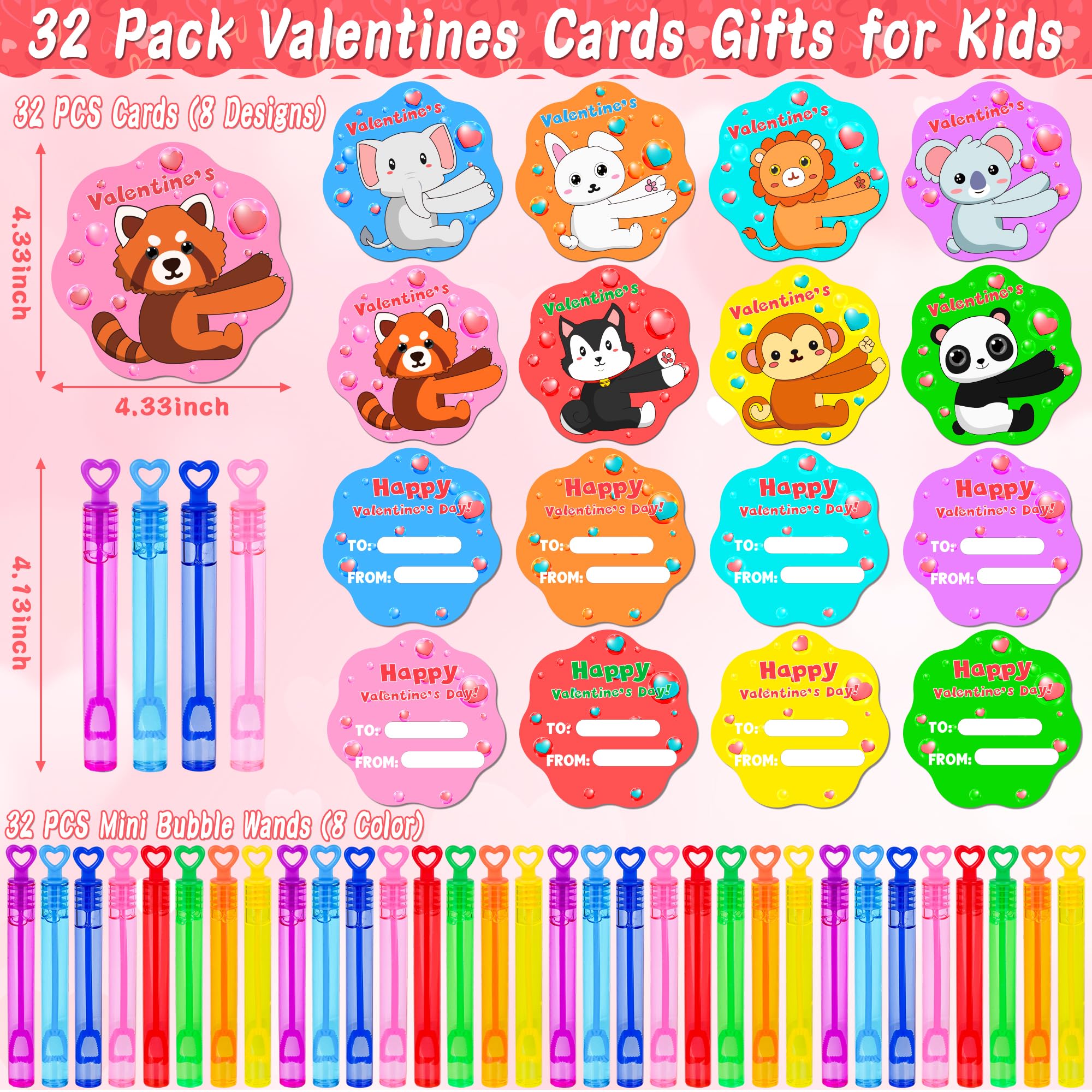 Grastfu 32-Pack Valentines Day Mini Bubble Wands with Animal Cards – Classroom Party Favors