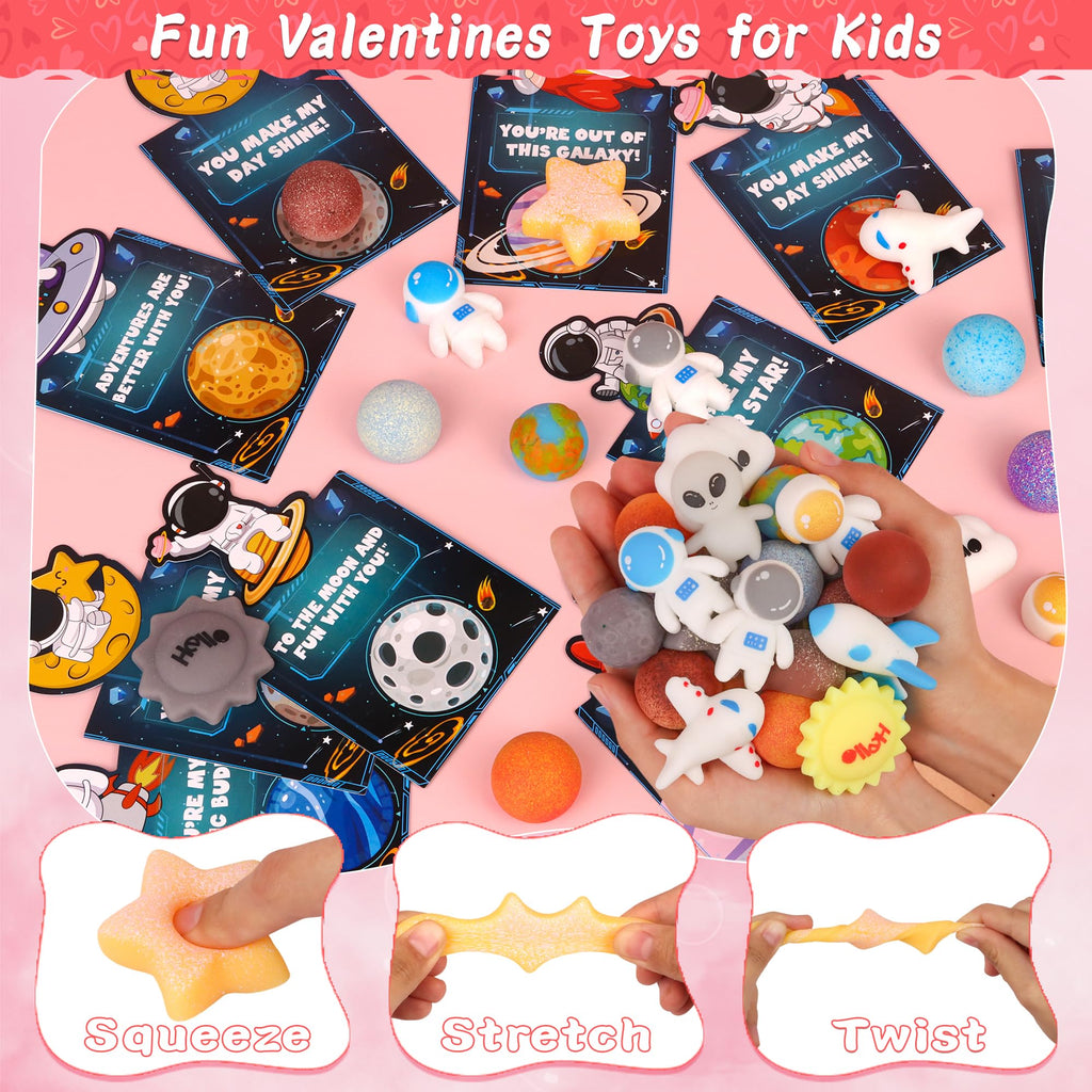Grastfu 28-Pack Valentines Cards with Galaxy Squishies – Classroom Gifts & Party Favors