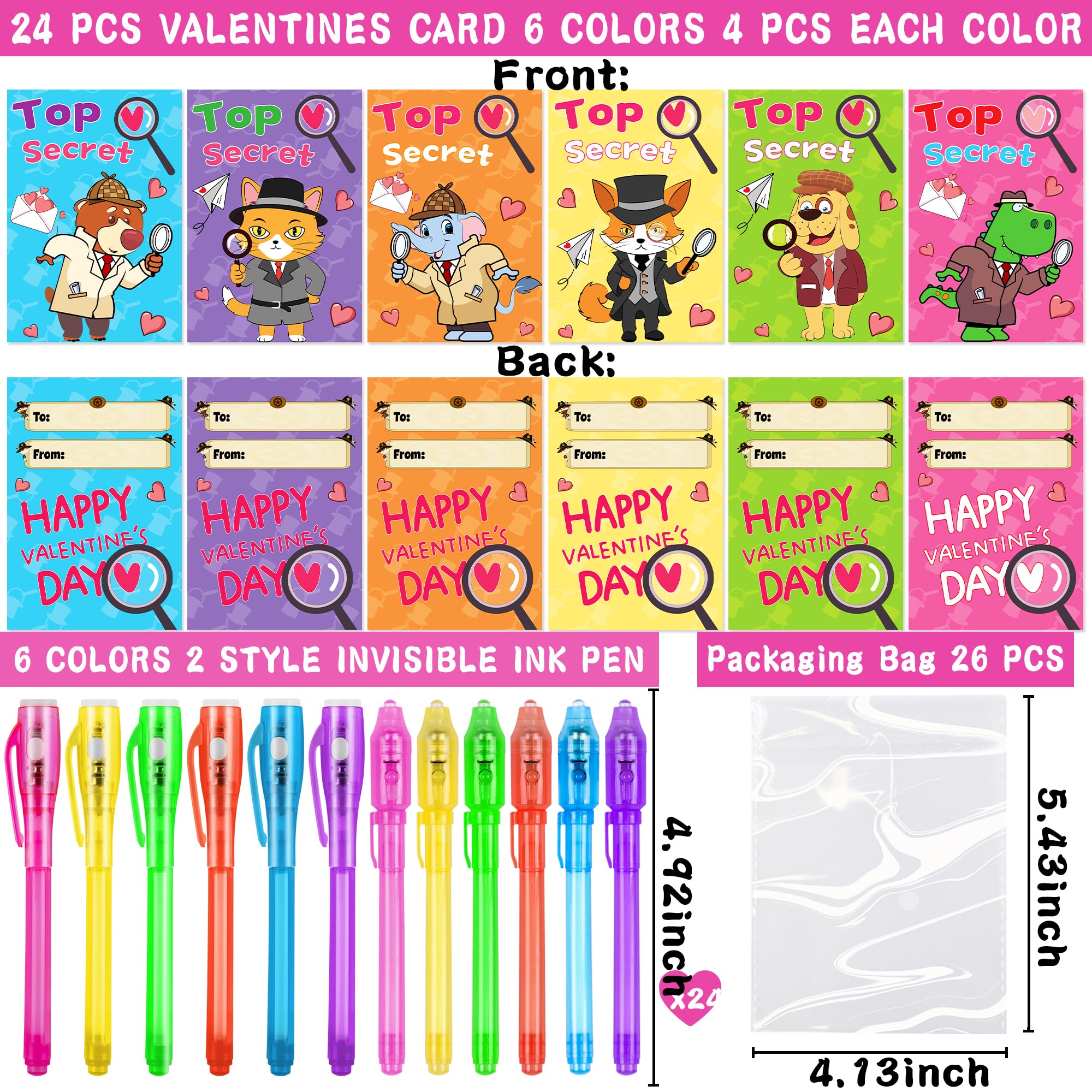Grastfu 24 Pack Invisible Ink Pens with Animal-Valentines Cards – Classroom Valentine Party Favors