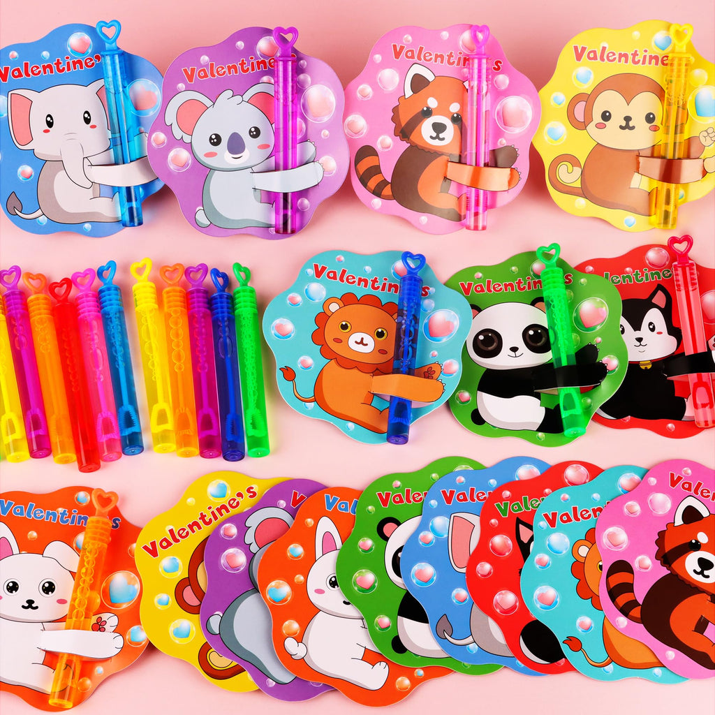 Grastfu 32-Pack Valentines Day Mini Bubble Wands with Animal Cards – Classroom Party Favors