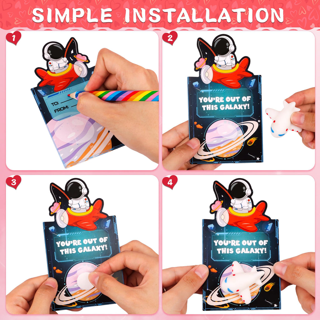 Grastfu 28-Pack Valentines Cards with Galaxy Squishies – Classroom Gifts & Party Favors