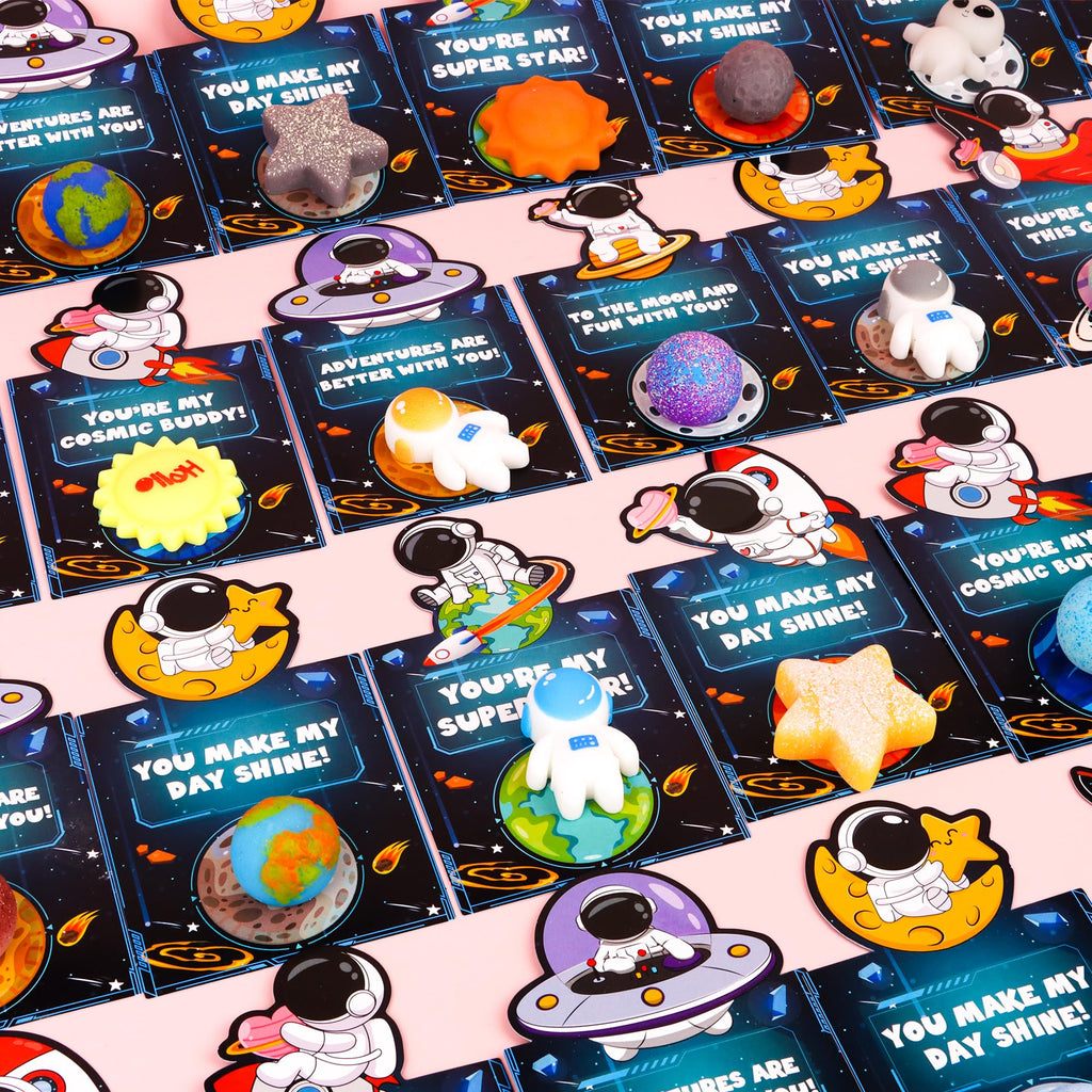 Grastfu 28-Pack Valentines Cards with Galaxy Squishies – Classroom Gifts & Party Favors