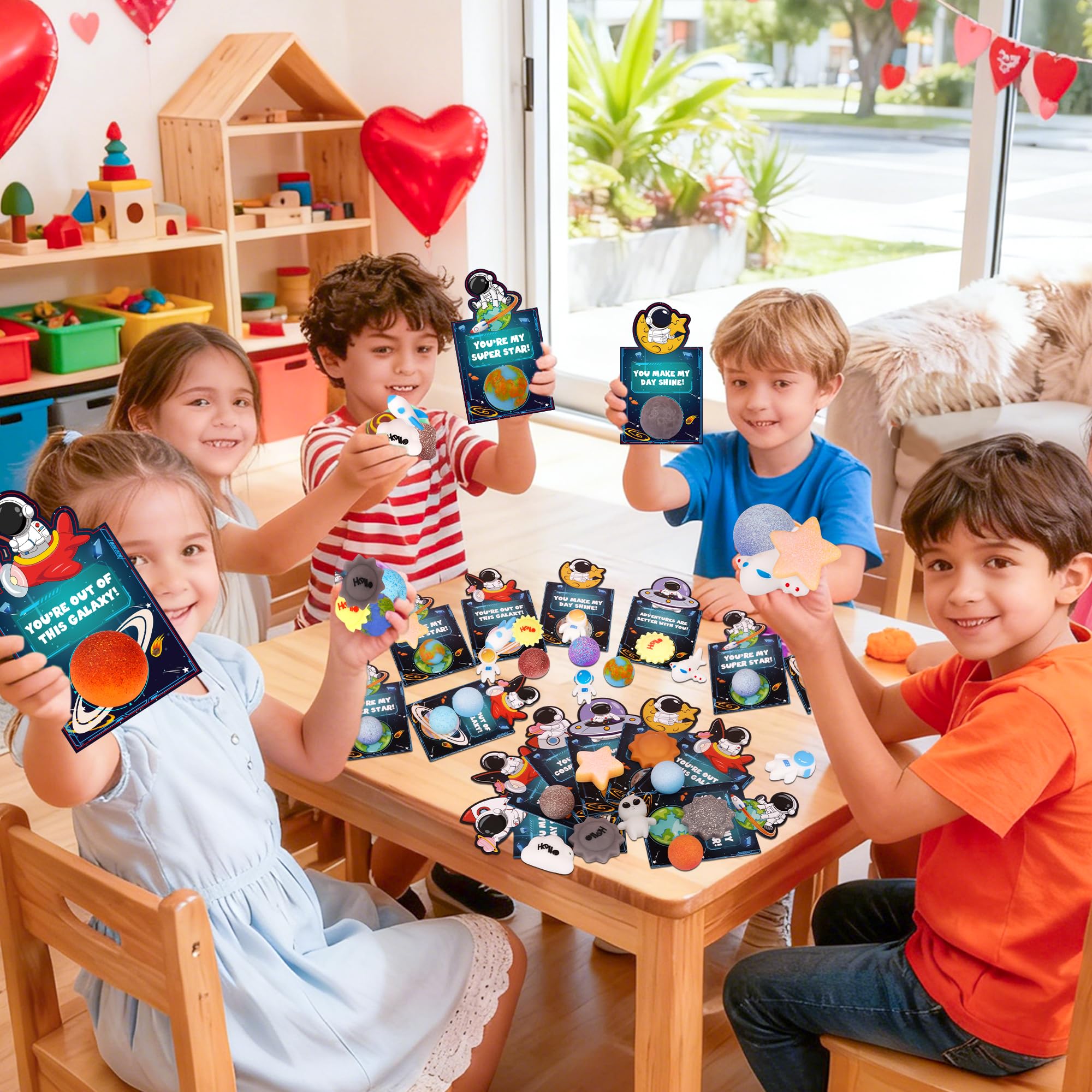 Grastfu 28-Pack Valentines Cards with Galaxy Squishies – Classroom Gifts & Party Favors