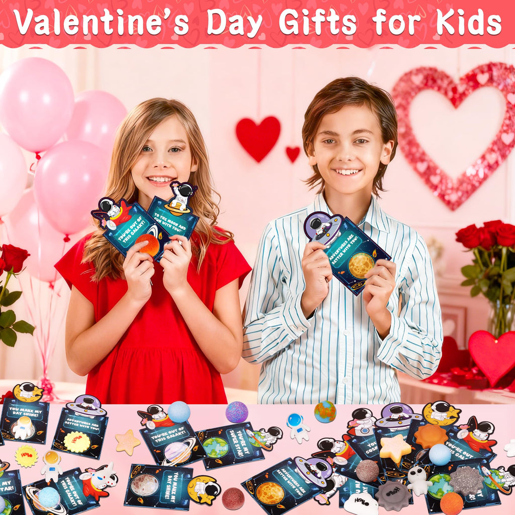 Grastfu 28-Pack Valentines Cards with Galaxy Squishies – Classroom Gifts & Party Favors