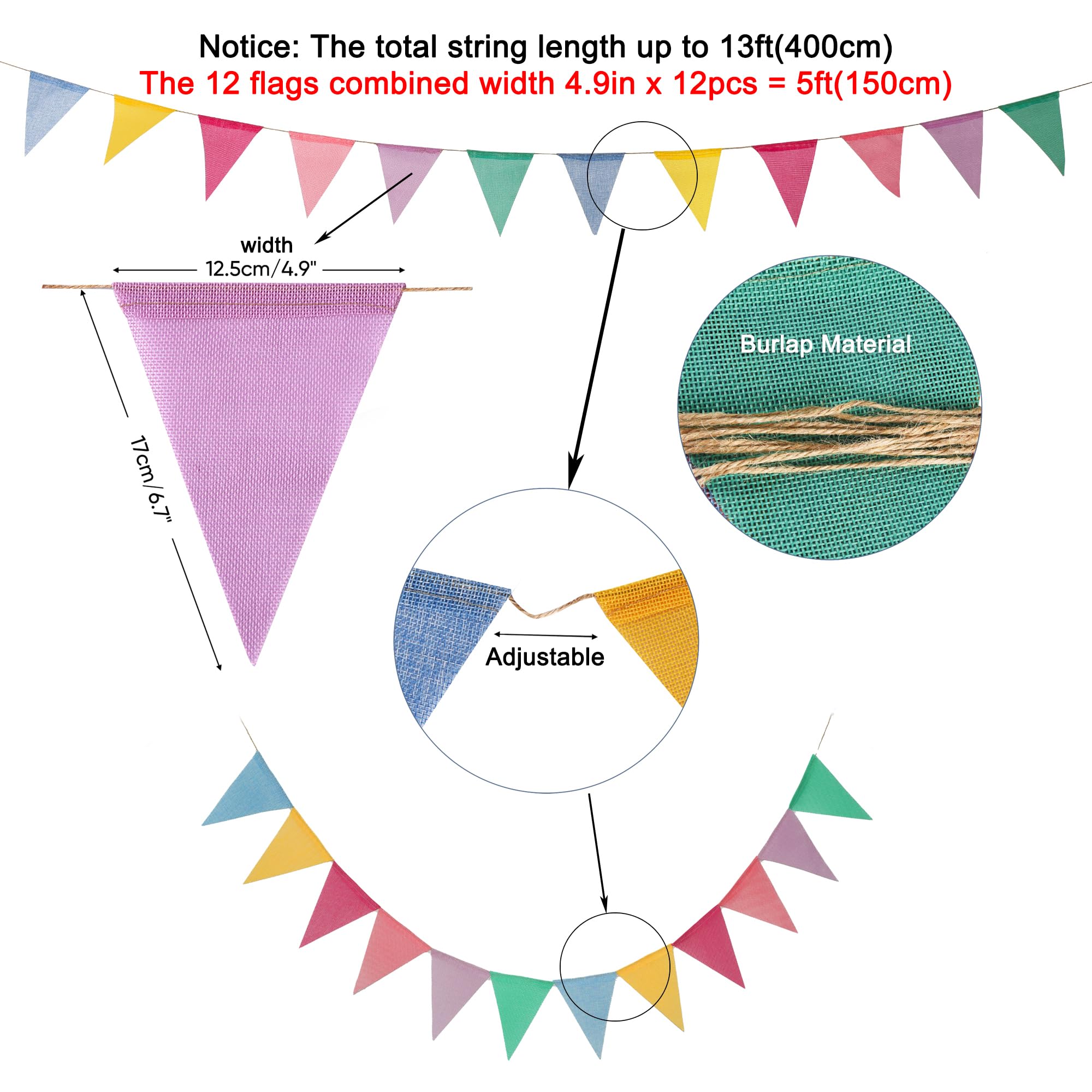 GREATRIL Pennant Banner Flags Pastel – 48 Flags, 52 ft Burlap Triangle Banners for Parties