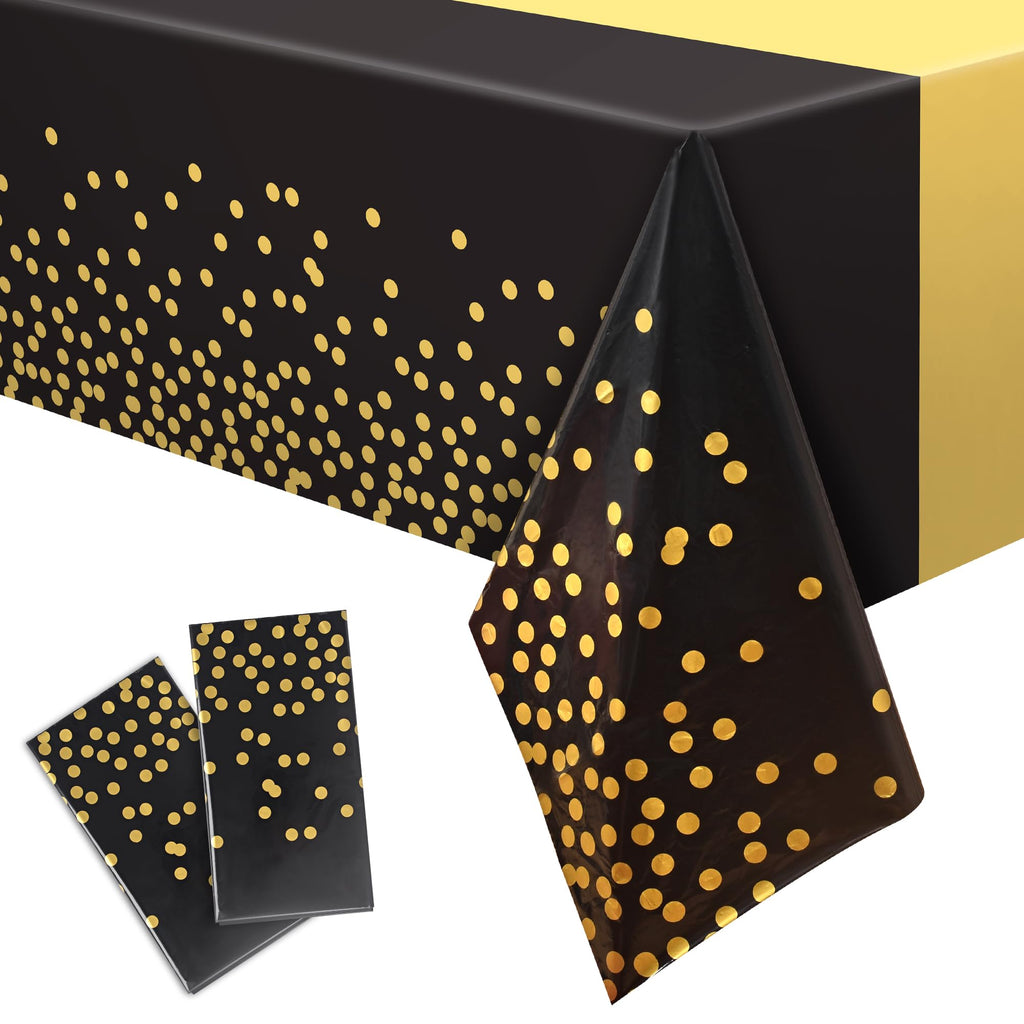 GREATRIL Black Gold Party Table Covers – 54x108 inches, 2 Pack | Disposable Tablecloths for Graduations, New Year’s Eve & More