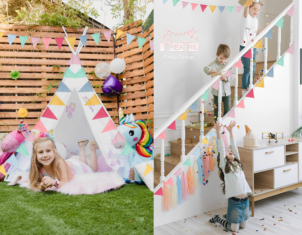GREATRIL Pennant Banner Flags Pastel – 48 Flags, 52 ft Burlap Triangle Banners for Parties