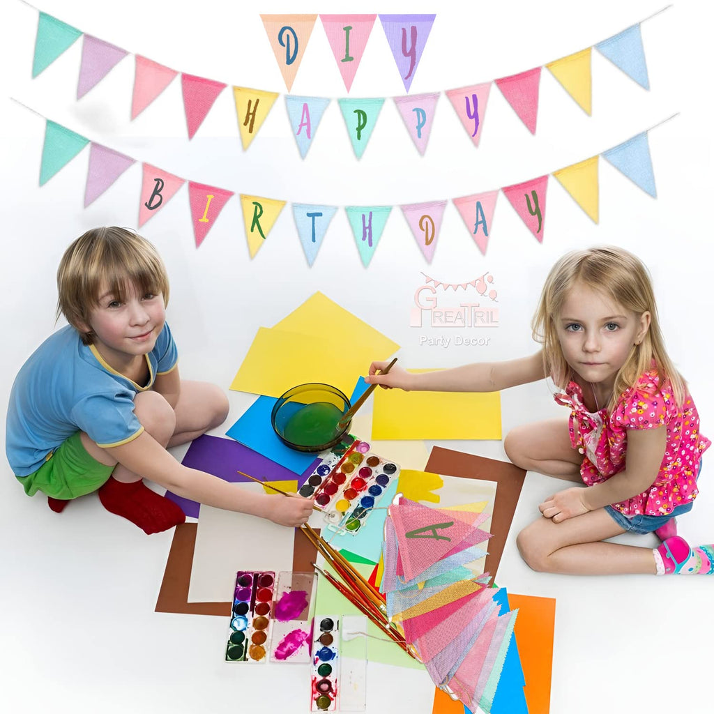 GREATRIL Pennant Banner Flags Pastel – 48 Flags, 52 ft Burlap Triangle Banners for Parties