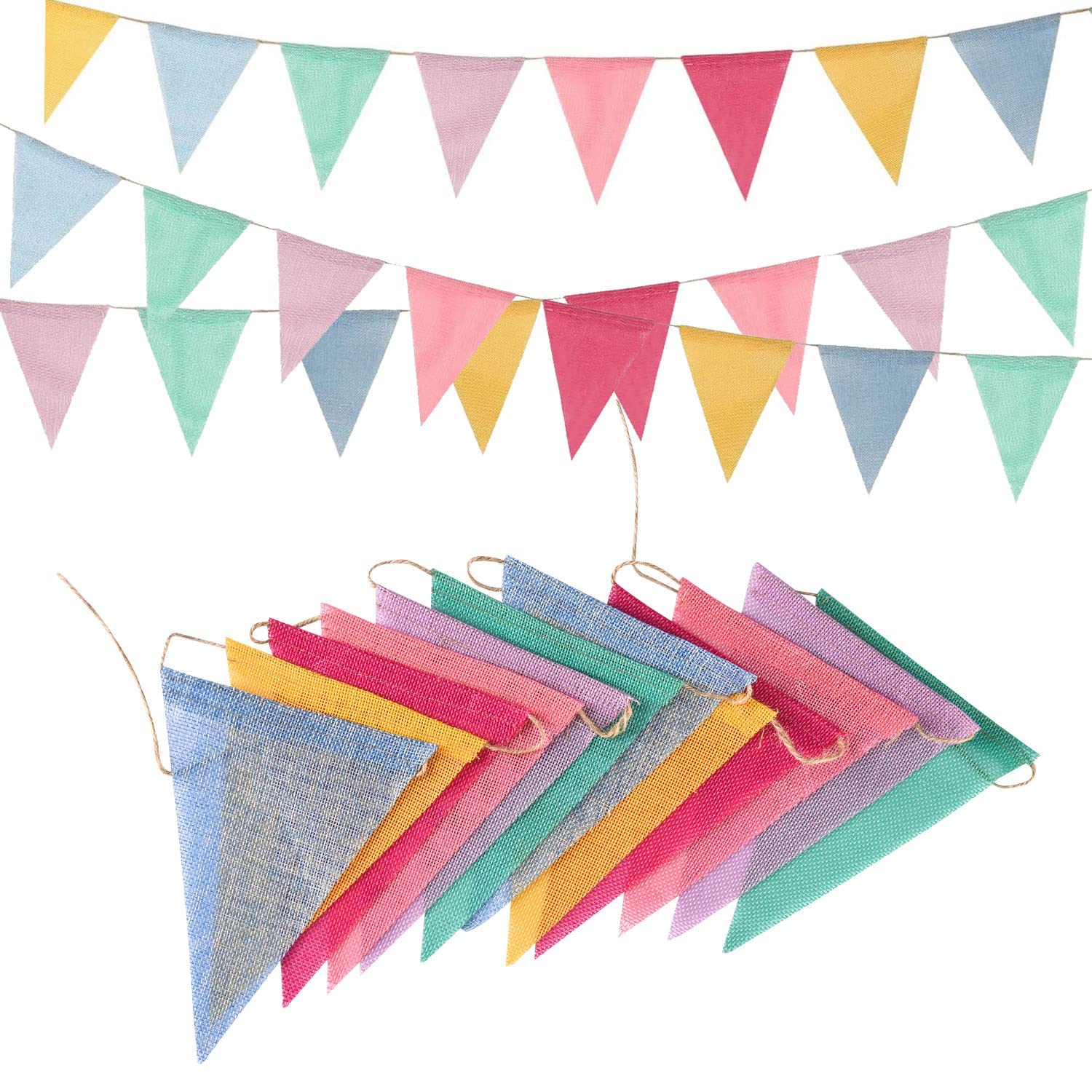 GREATRIL Pennant Banner Flags Pastel – 48 Flags, 52 ft Burlap Triangle Banners for Parties