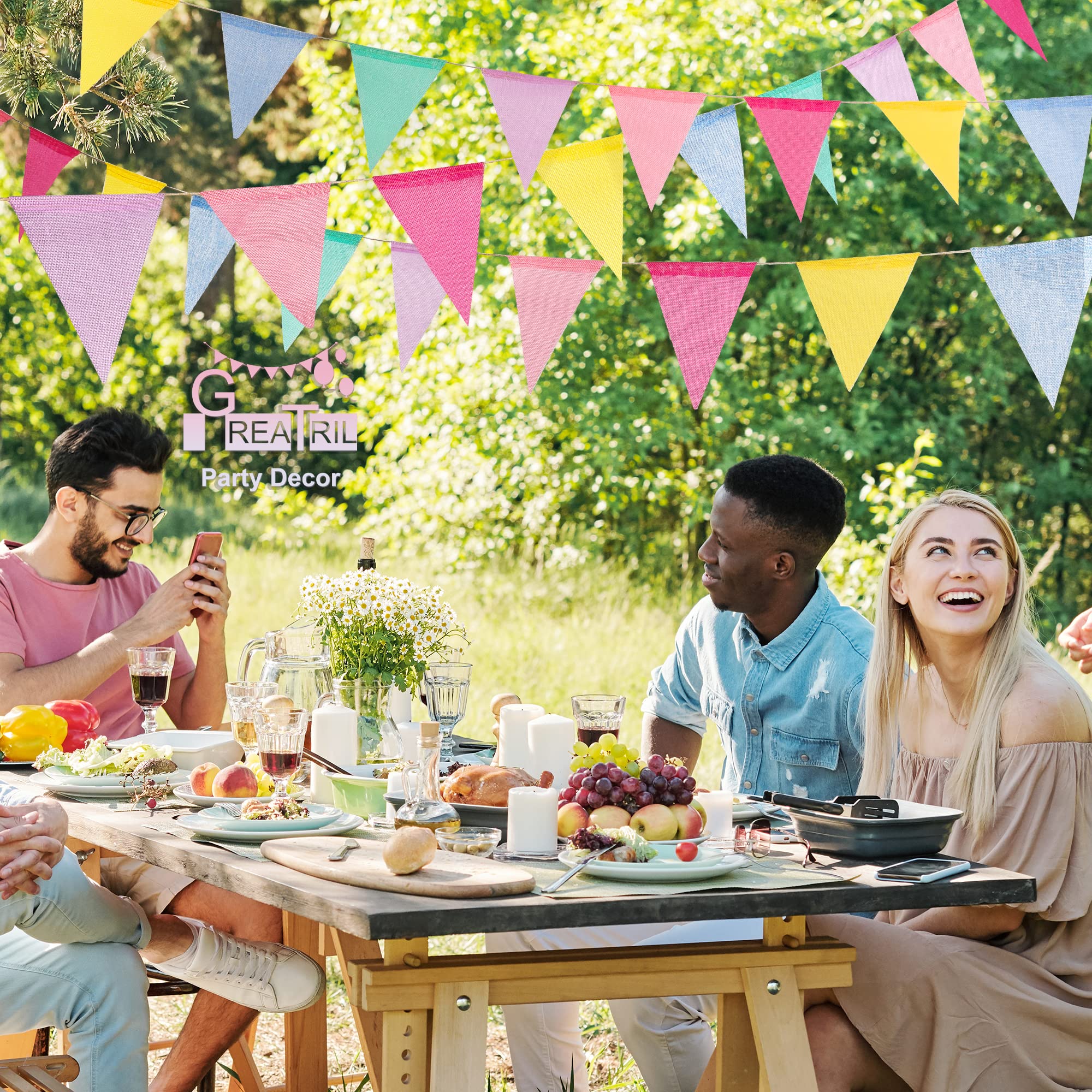 GREATRIL Pennant Banner Flags Pastel – 48 Flags, 52 ft Burlap Triangle Banners for Parties