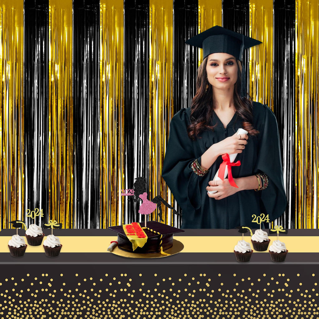 GREATRIL Black Gold Party Table Covers – 54x108 inches, 2 Pack | Disposable Tablecloths for Graduations, New Year’s Eve & More